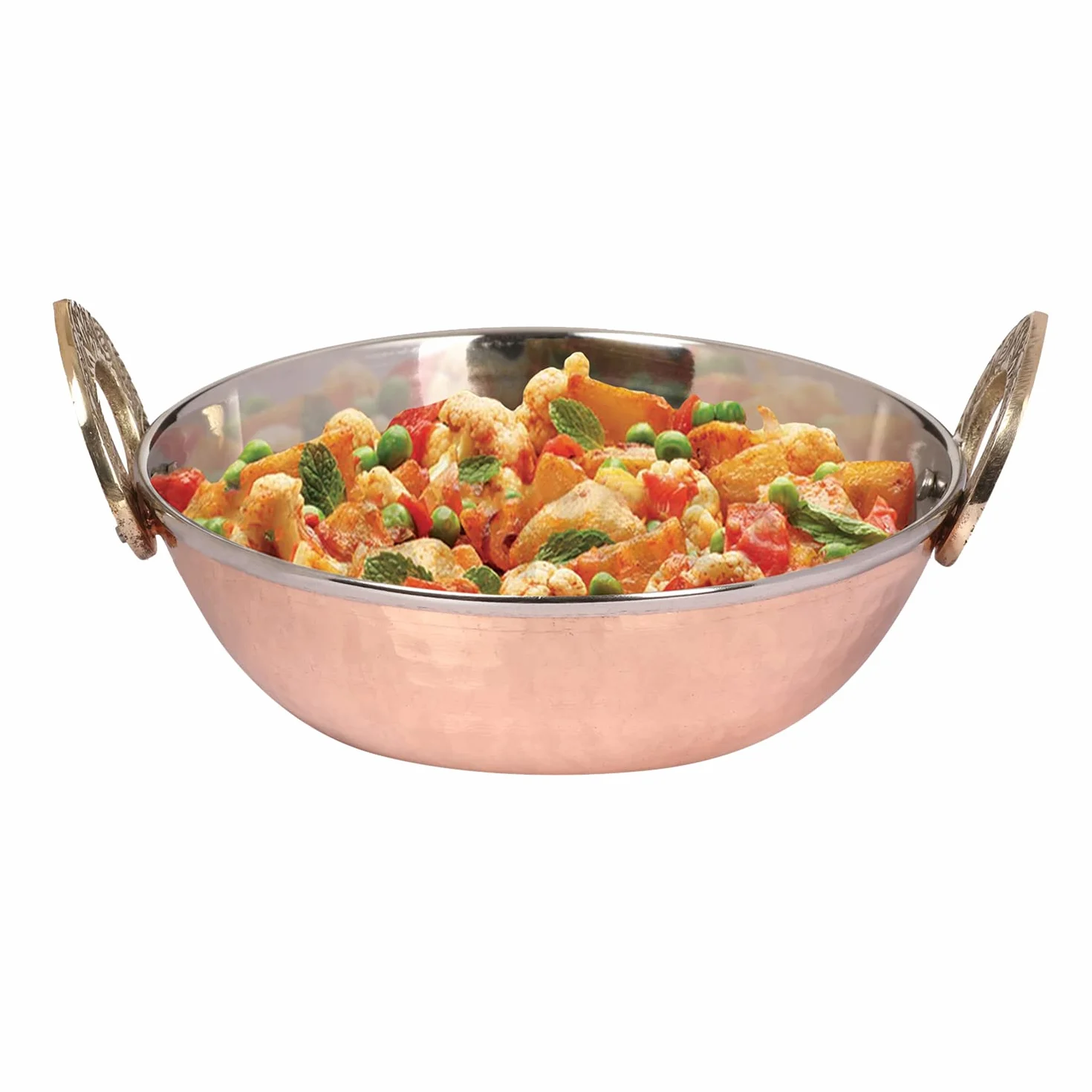 Zap Impex Indyjskie naczynie do serwowania miedziane młotkowane karahi ze stali nierdzewnej do serwowania indyjskich naczyń z curry 2-częściowy zestaw, średnica 13 cm