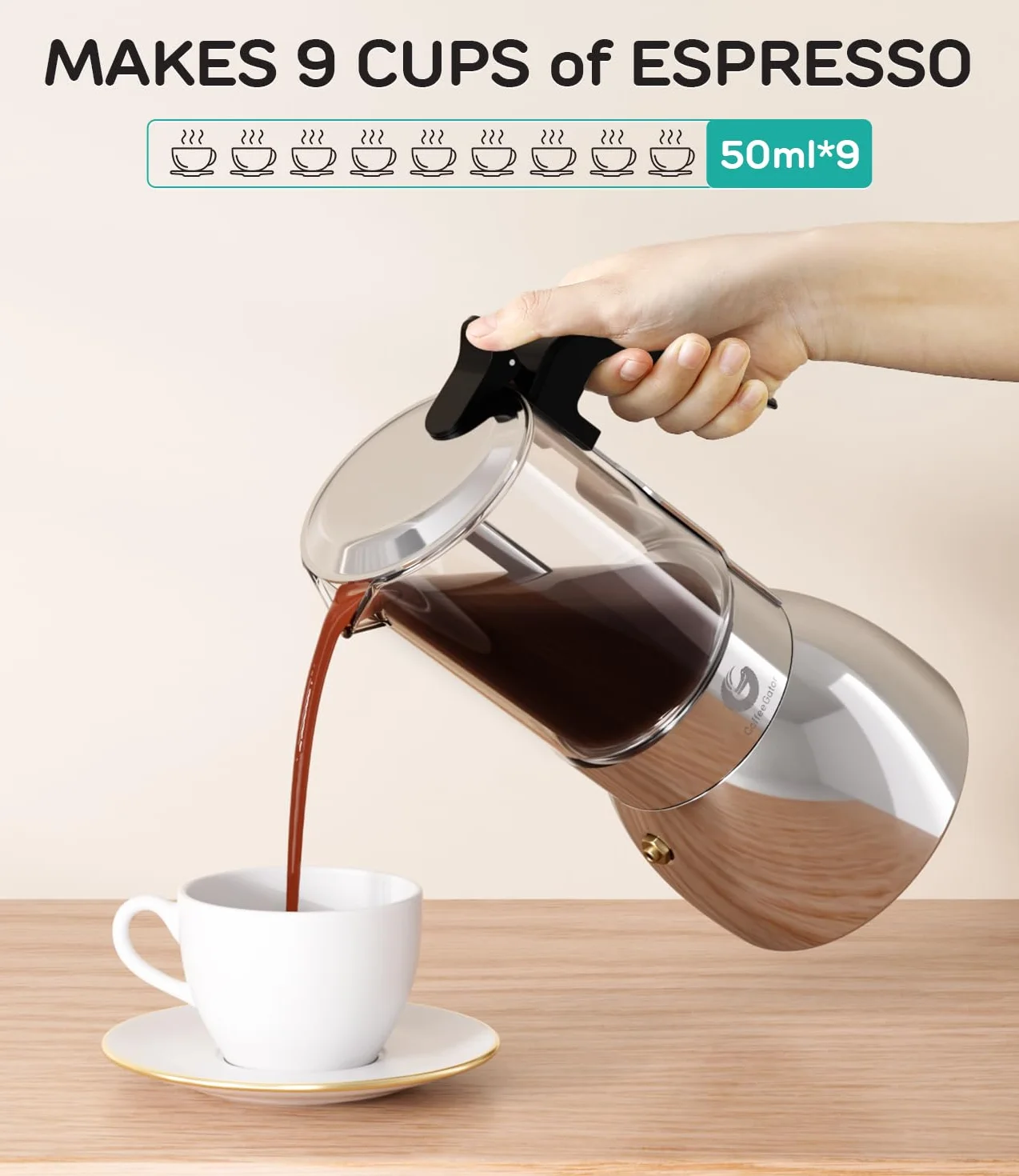 Coffee Gator 9 filiżanek Moka Pot, 450 ml kuchenka ekspres do kawy włoskiej, przezroczyste szkło i konstrukcja ze stali nierdzewnej, srebrny