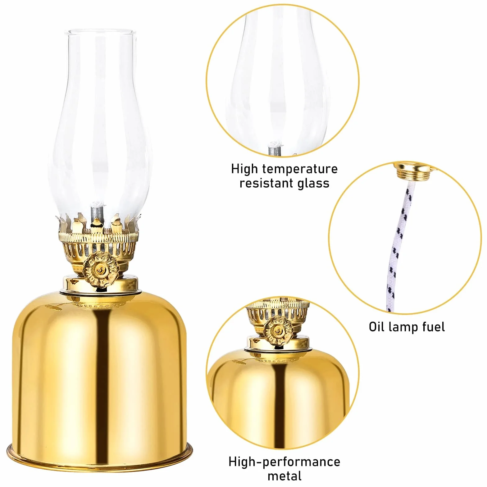 Lampa naftowa, lampa olejowa w stylu retro, latarnia z metalu i szkła, z obrotową oprawką – do użytku wewnątrz i na zewnątrz, wiatroszczelna, w antycznym stylu vintage (złota)