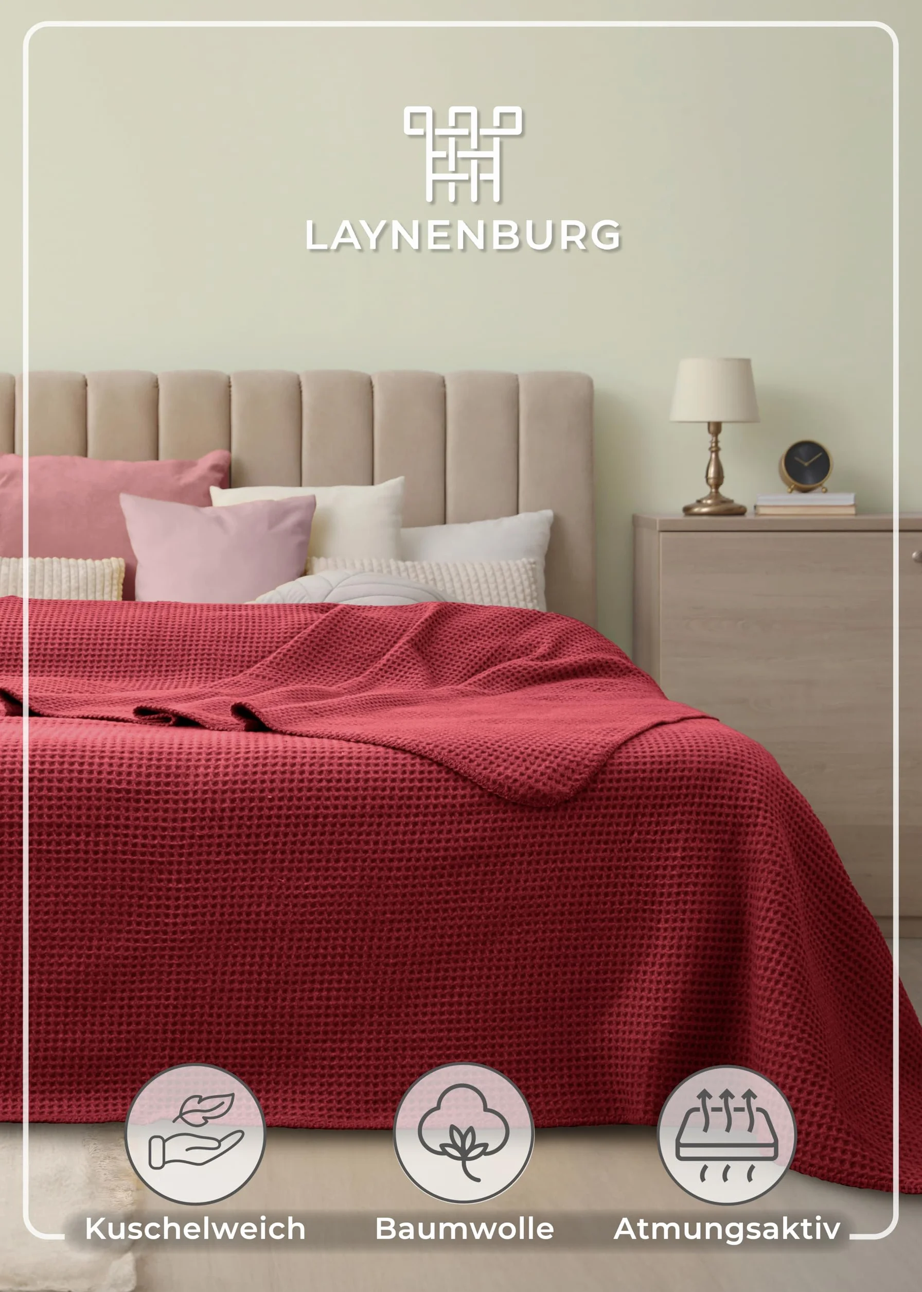 LAYNENBURG Koc bawełniany o strukturze waflowej, 220 x 240 cm, Öko-TEX 100, mieszanka bawełny, koc do przytulania, jako koc na sofę, koc na kanapę, przytulny, ciepły z bawełny (bordowy)