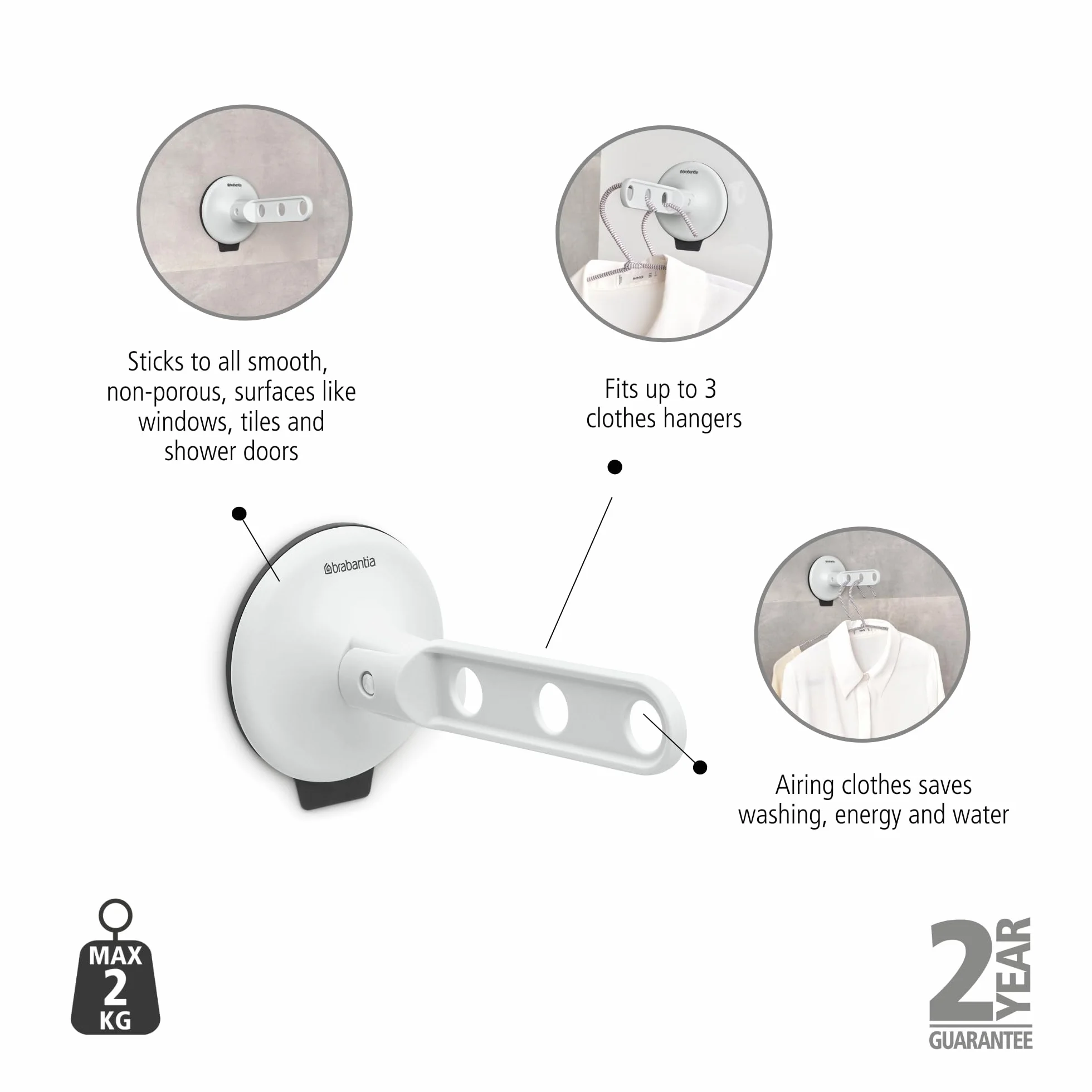Brabantia Haczyk na ubrania z przyssawką – Light Grey | Do suszenia na oknach, kafelkach, lustrach | Kompaktowy wieszak na pranie mieści 3 wieszaki do 2 kg | Idealny do łazienek lub małych przestrzeni