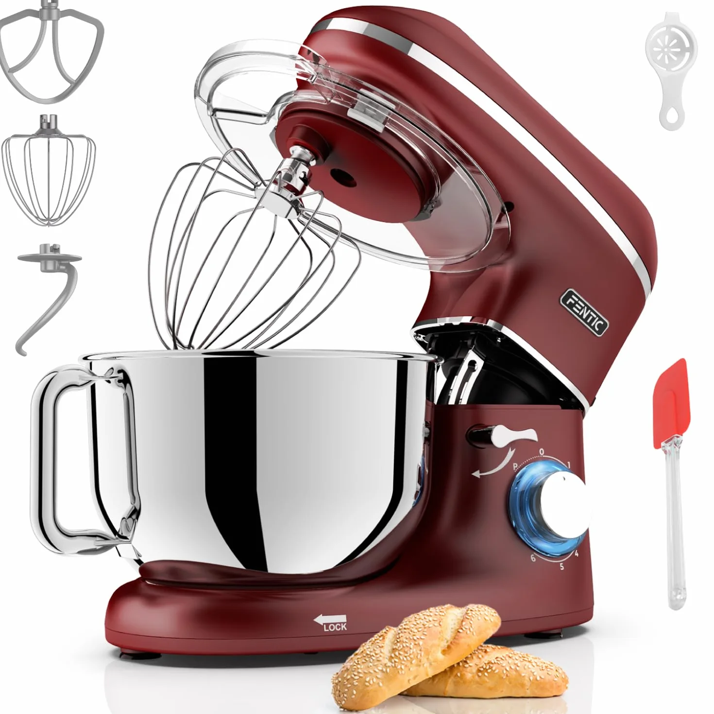 Robot kuchenny - 2000 W - miska do mieszania ze stali nierdzewnej (6,2 l) - mikser kuchenny z hakiem do mieszania, hakiem do zagniatania, trzepaczką i ochroną przed pryskaniem - w zestawie