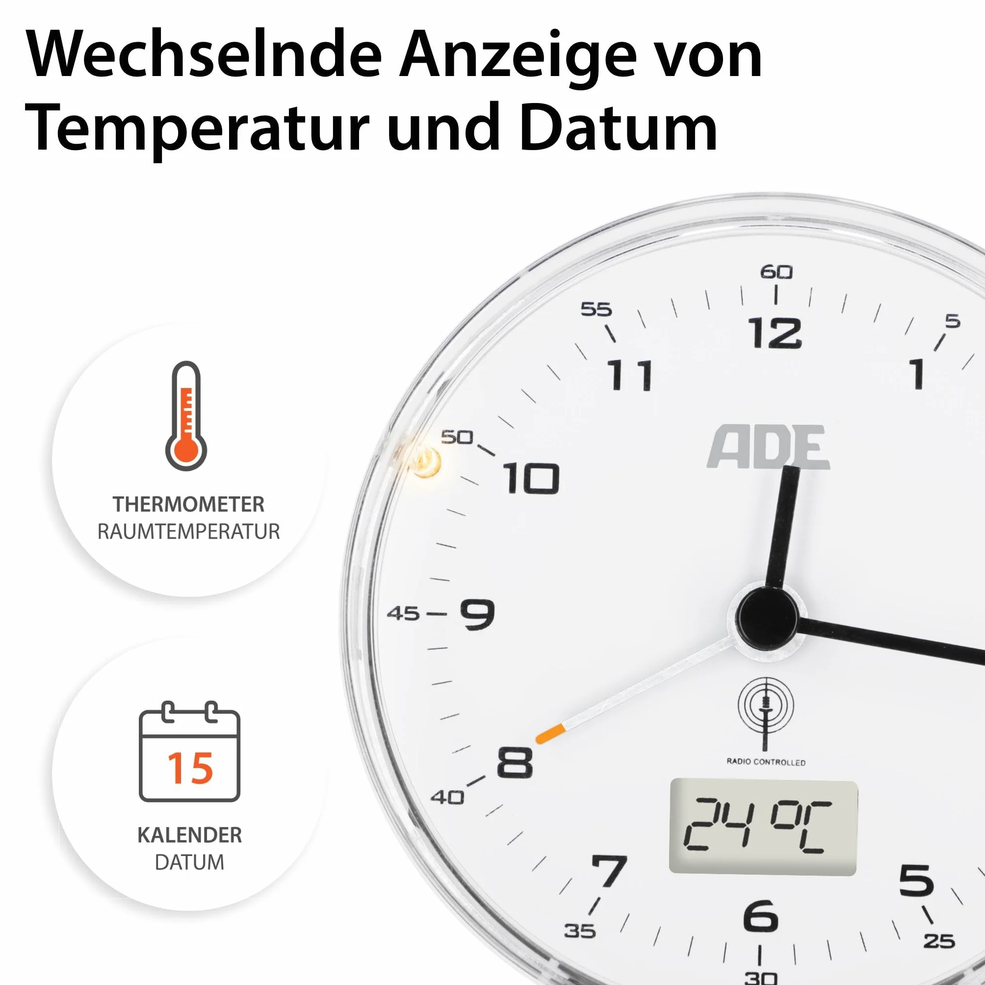 ADE Radiowy budzik analogowy bez tykania z wyświetlaczem temperatury i kalendarzem, biały