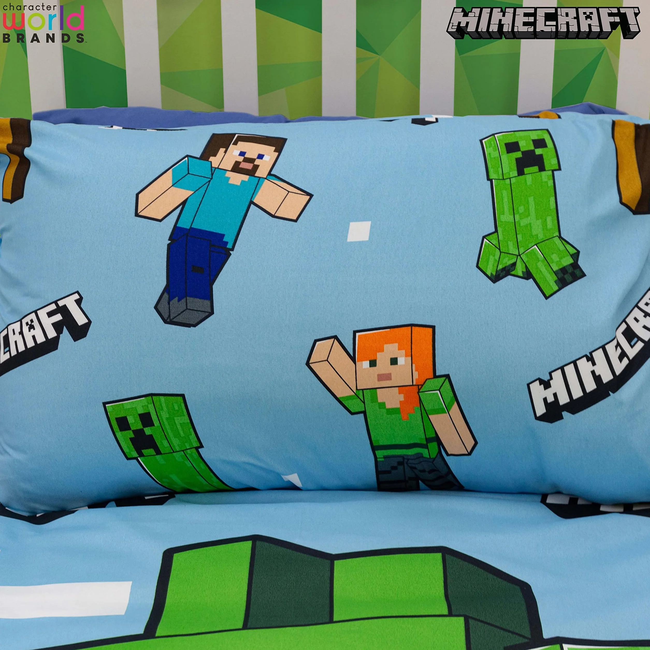 Minecraft Oficjalny zestaw poszewek na pojedynczą kołdrę, epicki design | Niebieska dwustronna poszewka na kołdrę z 2 stronami, oficjalny towar, w tym pasująca poszewka na poduszkę