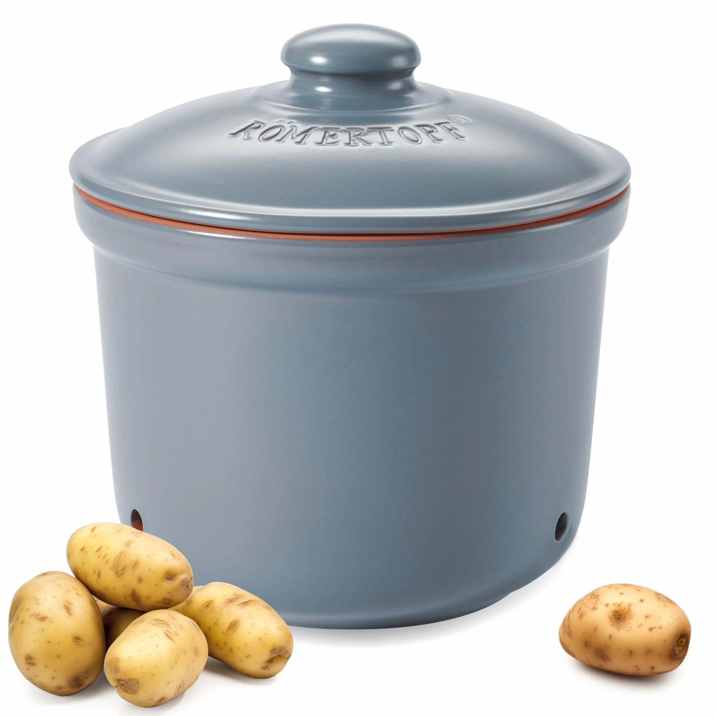 Römertopf pojemnik na zapasy Maxi plus świeży garnek z naturalnej gliny zapewnia długi okres przydatności do spożycia żywności, takiej jak np. ziemniaki, Ø 26,0 cm, niebiesko-szary
