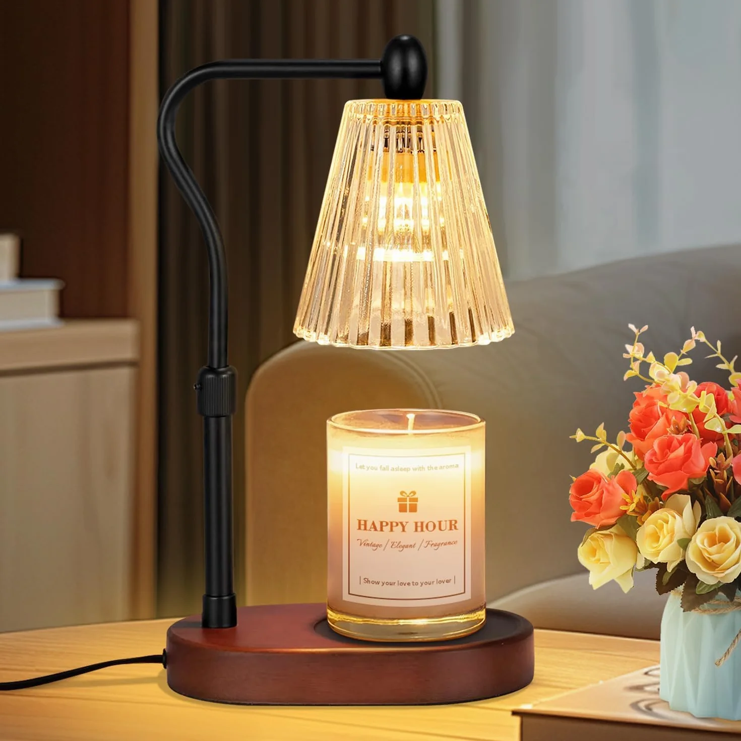 Loowoko Podgrzewacz świec, ciepła lampa z timerem i ściemniaczem, regulacja wysokości, z 2 żarówkami, lampa do świec zapachowych w szkle, dekoracja, brązowa