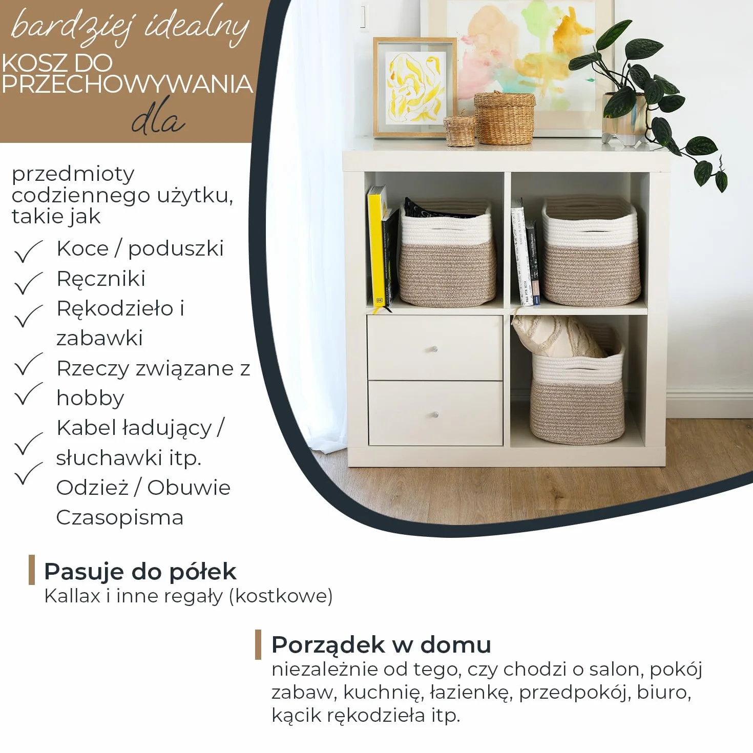HMF Kosz do przechowywania z ukrytymi uchwytami, zestaw 3 sztuk, kosz bawełniany, 37,5 x 25 x 22,5 cm, biały/brązowy