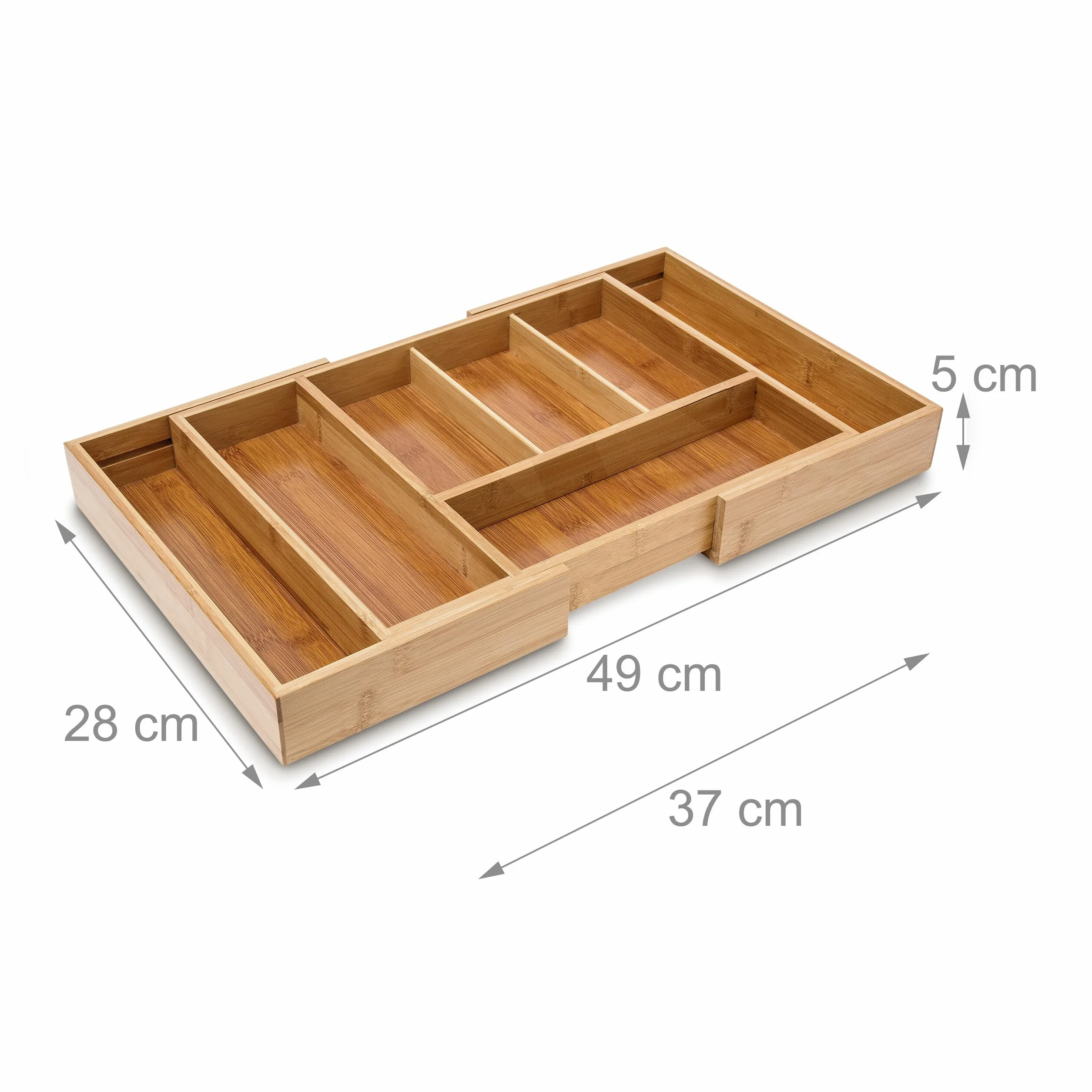 Relaxdays Wysuwany taca na sztućce HBT 5 x 48,5 x 28 cm bambusowa wkładka na sztućce z 5 do 7 przegródkami jako organizer kuchenny i wkładka szuflady łatwa w pielęgnacji taca na sztućce do wszystkich szuflad, naturalna