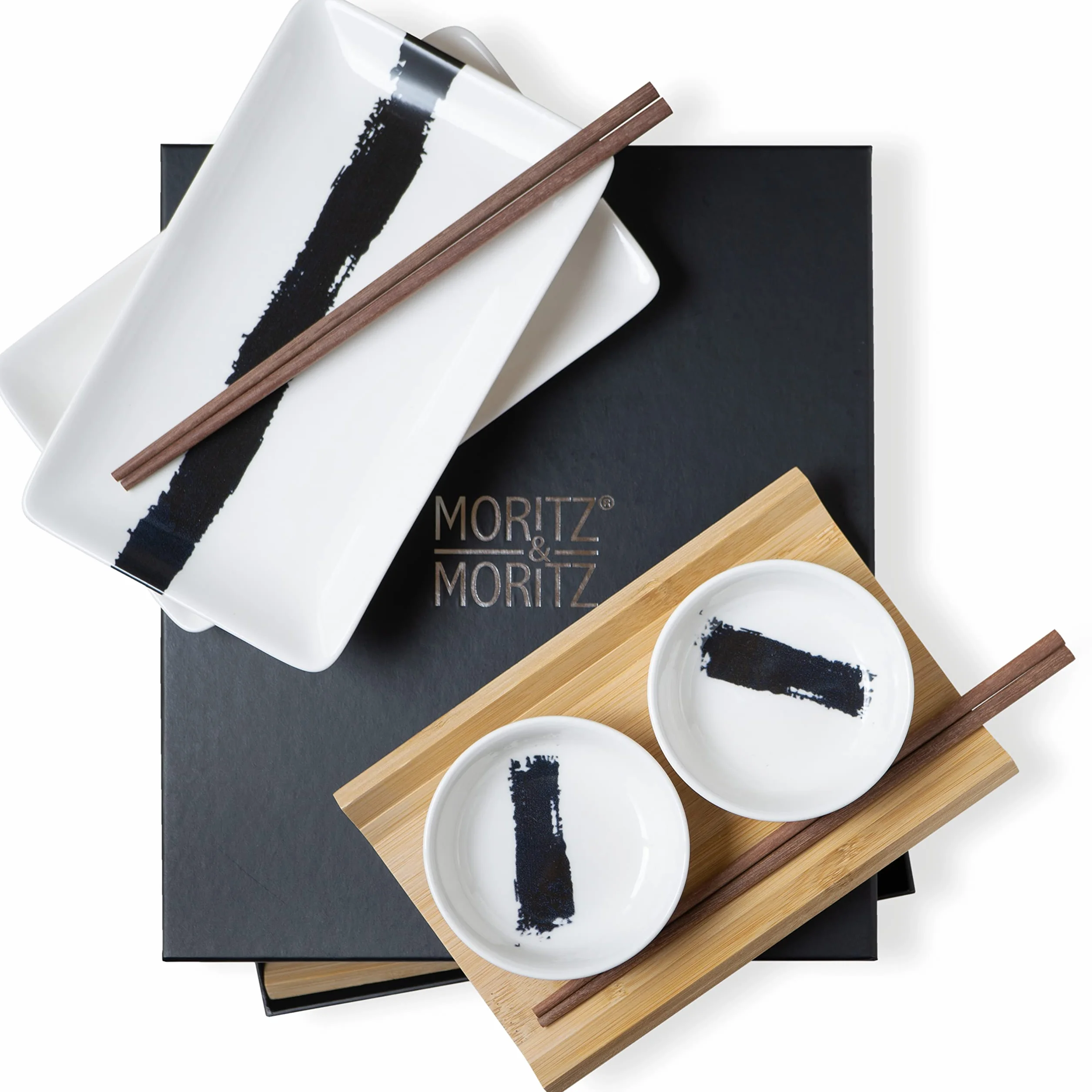 Moritz & Moritz 8-częściowy zestaw naczyń do sushi dla 2 osób – zestaw do serwowania sushi z 2 talerzami do sushi, miseczkami do dipów i pałeczkami