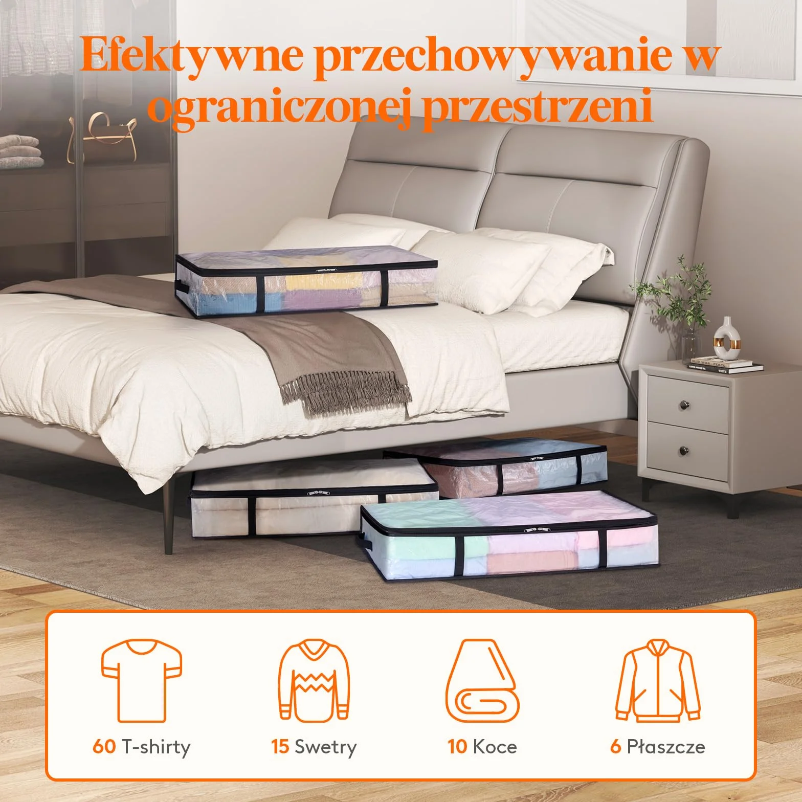 Lifewit Zestaw 4 przezroczystych toreb do przechowywania 60l, składany pojemnik do przechowywania pod łóżkiem z uchwytami, torba do przechowywania odzieży PP, poszwa na kołdrę do przenoszenia, ubrania