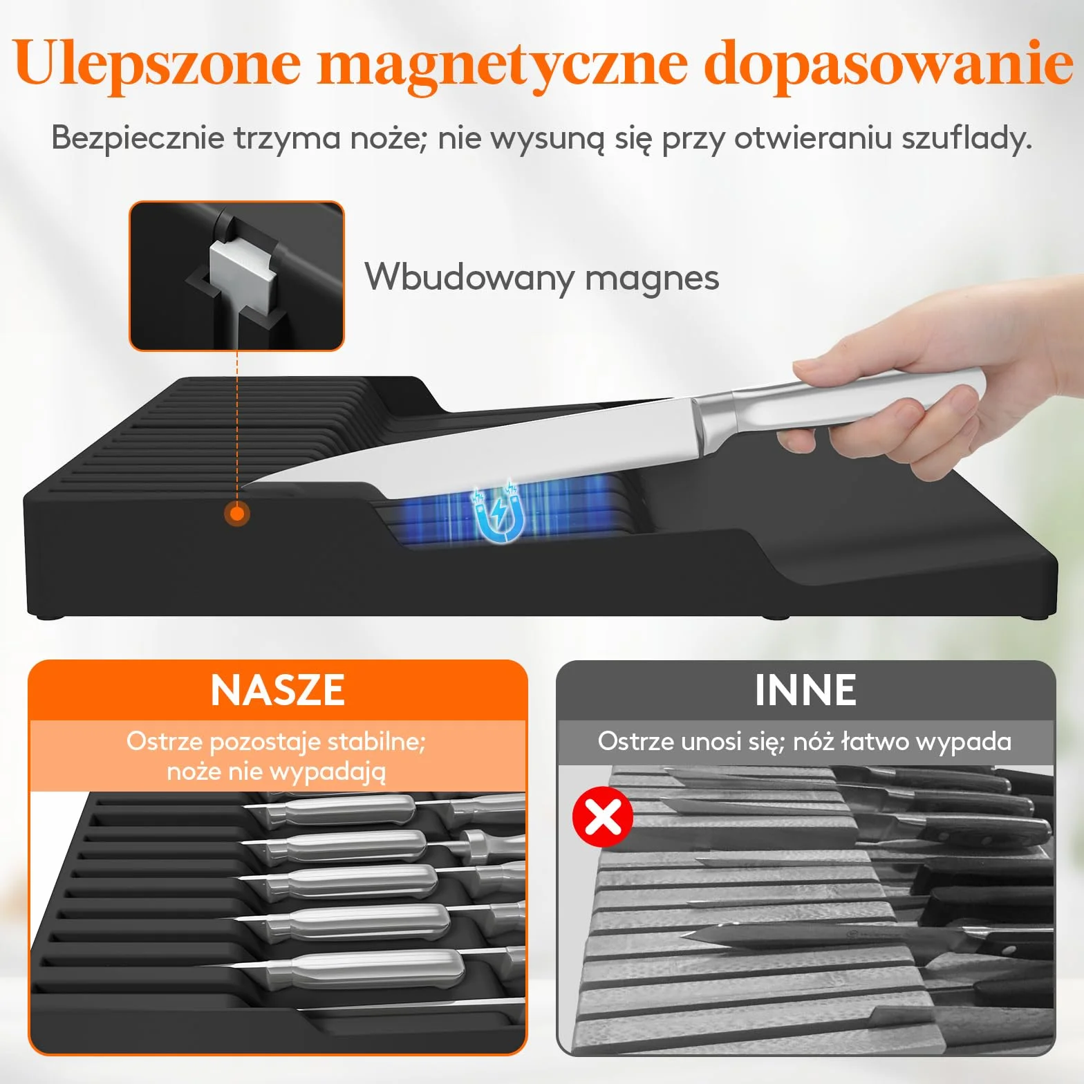 Lifewit Magnetyczny uchwyt na noże, szuflada na 16 noży, 29,5 x 42 x 5 cm, organizer na noże z antypoślizgowym dnem, pusty blok na noże z tworzywa sztucznego, duży wkład do szuflady, czarny