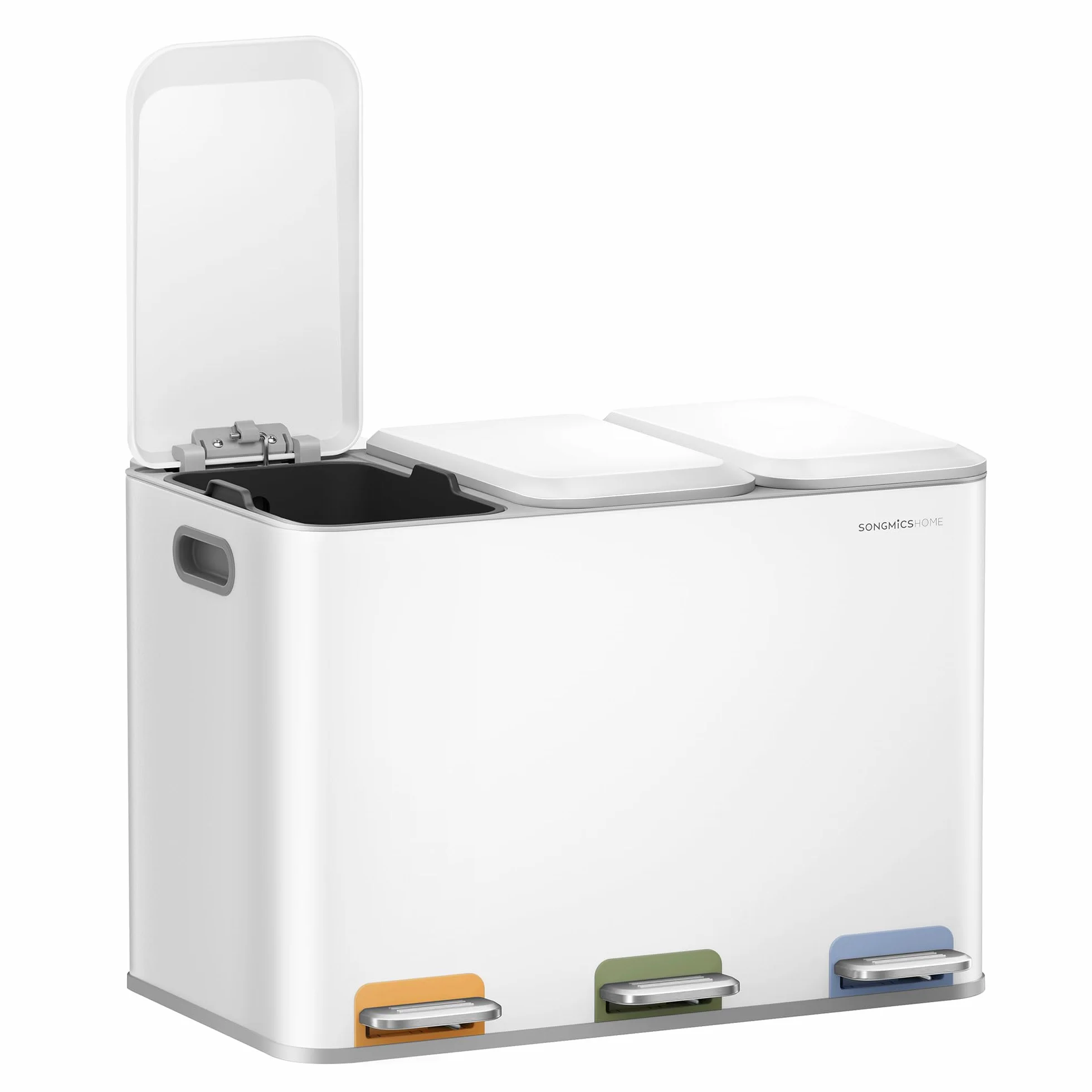 SONGMICS HOME Potrójny kosz kuchenny, 15 l, z kolorowymi pedałami, systemem oddzielania odpadów, pokrywkami i wewnętrznymi wiaderkami, stal, Cloud White LTB740W02V1