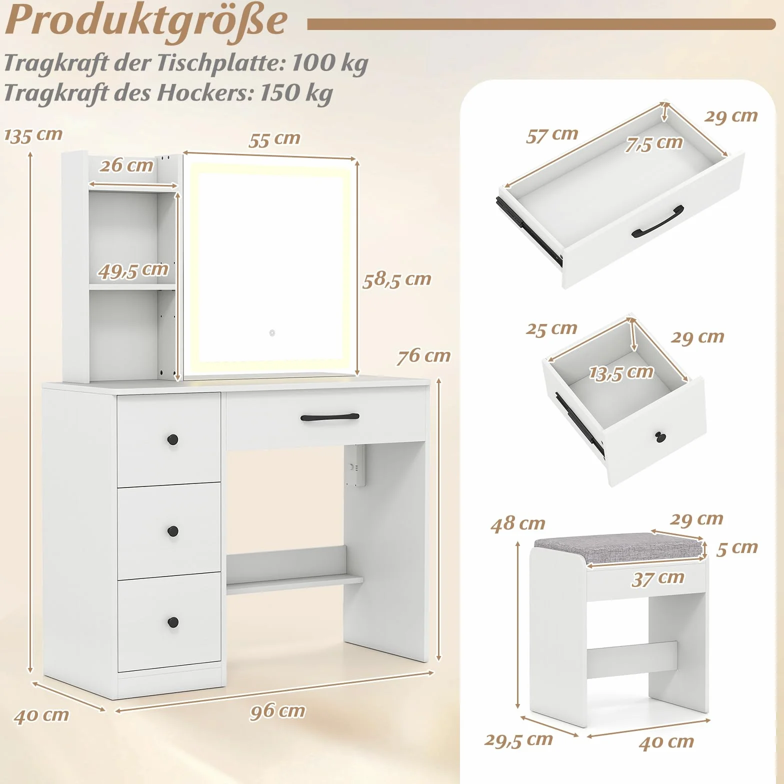 COSTWAY Toaletka z Przesuwnym Lustrem LED i Taboretem, Stolik do Makijażu z Szufladami, Gniazdami i Regulowanymi Półkami, Zestaw do Sypialni 96 x 40 x 135 cm