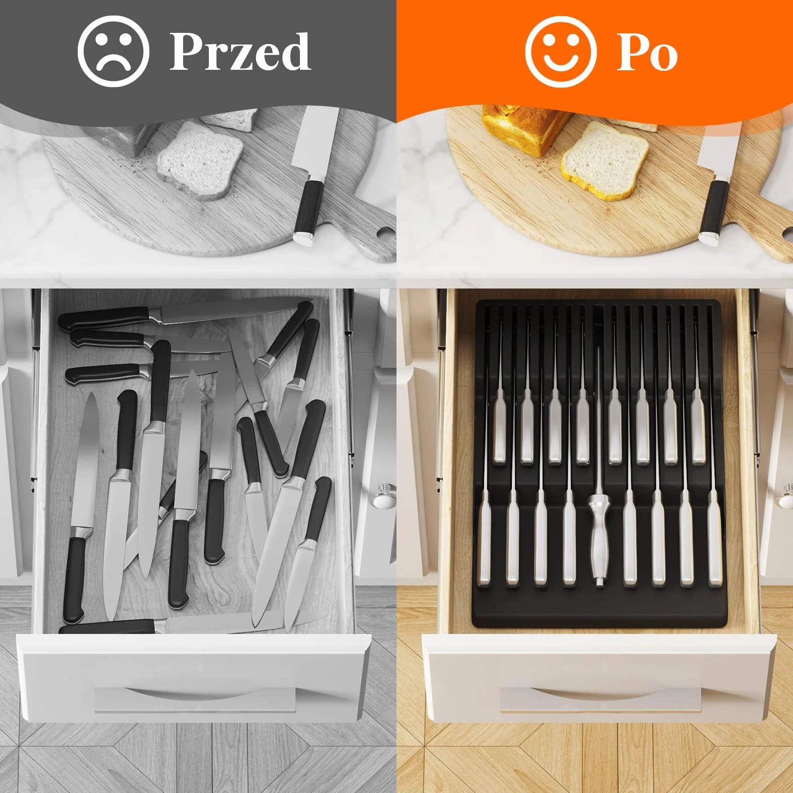 Lifewit Magnetyczny uchwyt na noże, szuflada na 16 noży, 29,5 x 42 x 5 cm, organizer na noże z antypoślizgowym dnem, pusty blok na noże z tworzywa sztucznego, duży wkład do szuflady, czarny