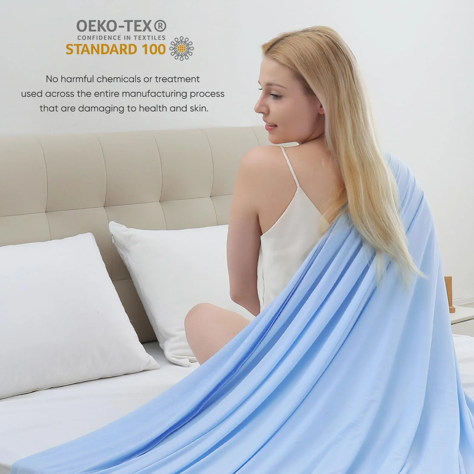 Marchpower Koc chłodzący,bambusowy,rozmiar queen-size,Arc-Chill Q-MAX>0,34, chłodzące włókno, lekki, letni, luksusowy, pochłania ciepło, na nocne poty, oddychający i miękki, na cały sezon, niebieski