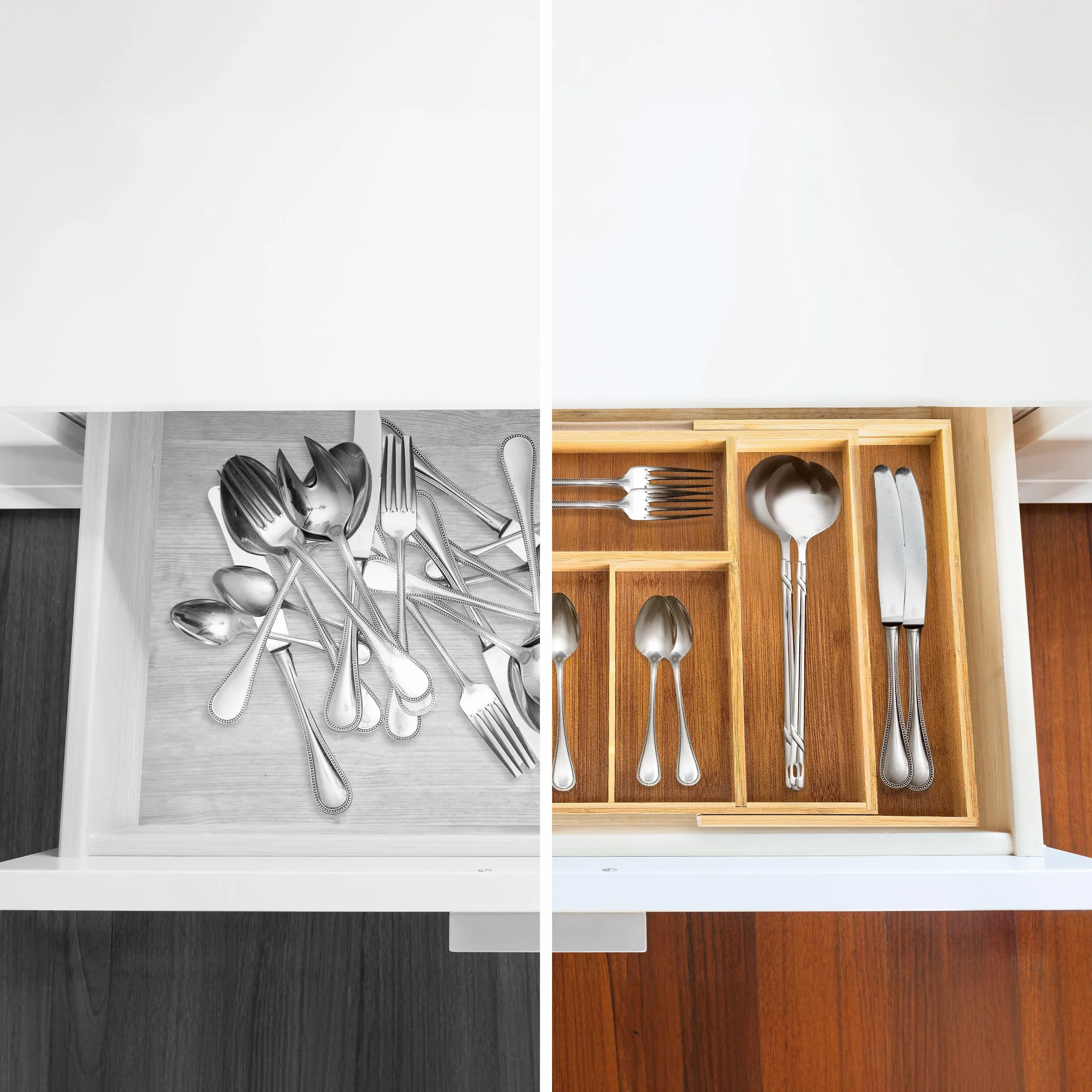 Relaxdays Wysuwany taca na sztućce HBT 5 x 48,5 x 28 cm bambusowa wkładka na sztućce z 5 do 7 przegródkami jako organizer kuchenny i wkładka szuflady łatwa w pielęgnacji taca na sztućce do wszystkich szuflad, naturalna