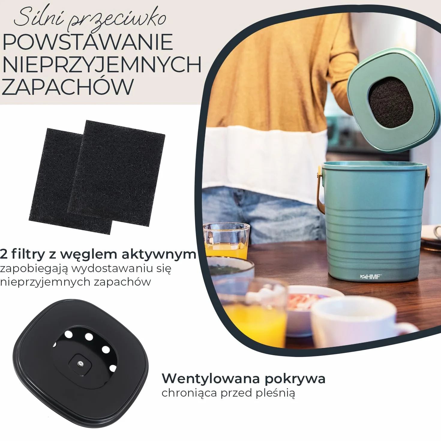 HMF Ekologiczny kosz na odpady kuchenne, bezzapachowy kosz na kompost z pokrywką, 3 litry, czarny