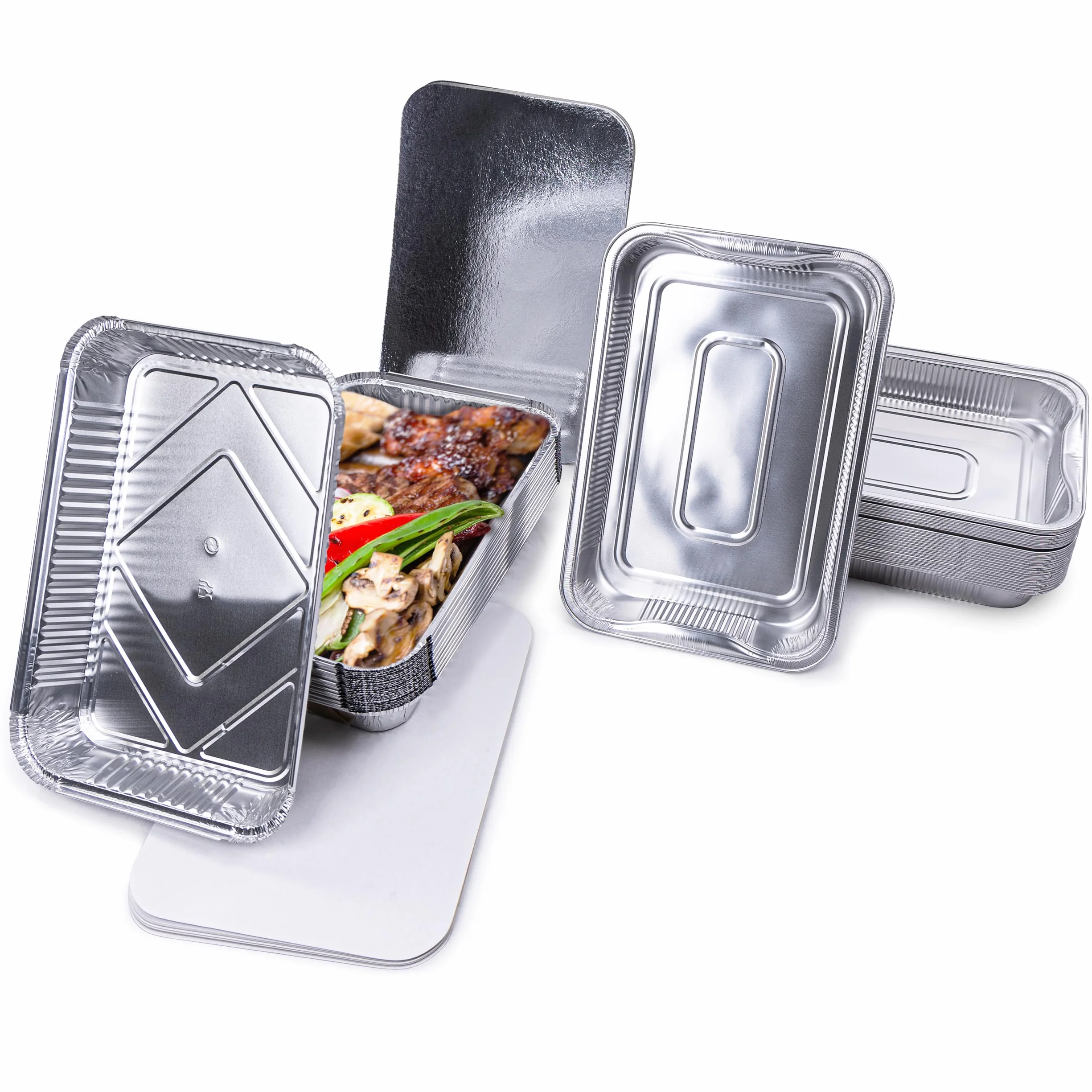 Zestaw 25 aluminiowych miseczek XL z pokrywkami, 25 misek aluminiowych, 32 x 22 cm, 2100 ml, duży format prostokątny, odporny na wysoką temperaturę, 25 szt
