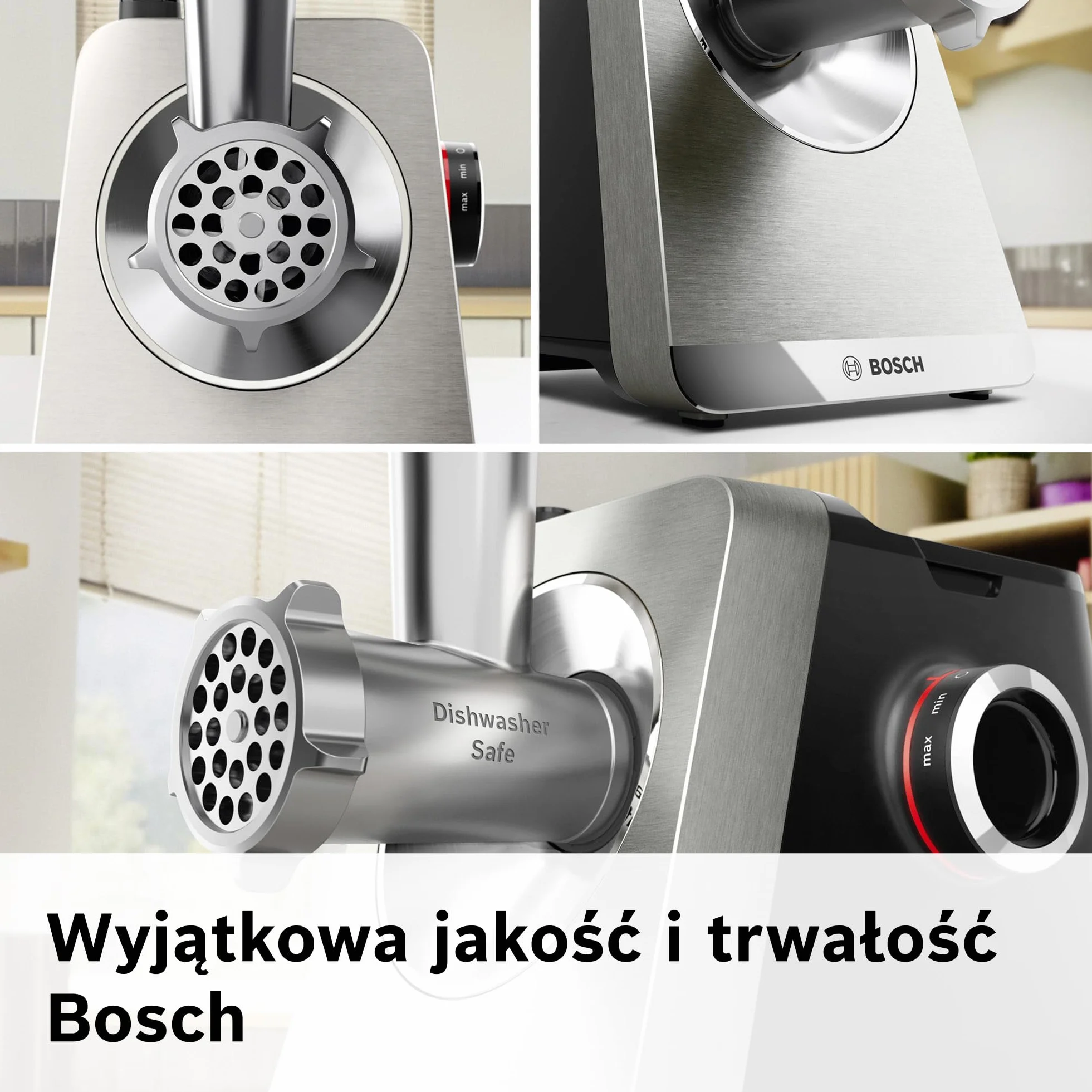 Bosch, MultiPower Serie 8, maszynka do mielenia mięsa, moc blokowania silnika do 2500 W, młynek do mięsa, nasadka do kiełbas i kebbe, czarna, MFWS820M