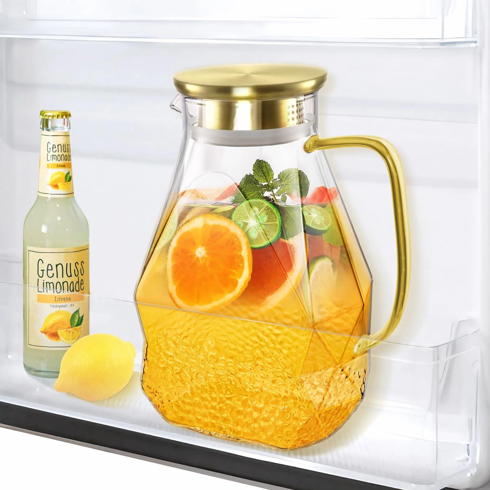 ecooe Szklana karafka na wodę 1,8 l do drzwi lodówki, karafka szklana z pokrywką ze stali nierdzewnej, klips do lodówki, dzbanek na wodę do gorącej i zimnej wody, napojów DIY, mrożonej herbaty, soku