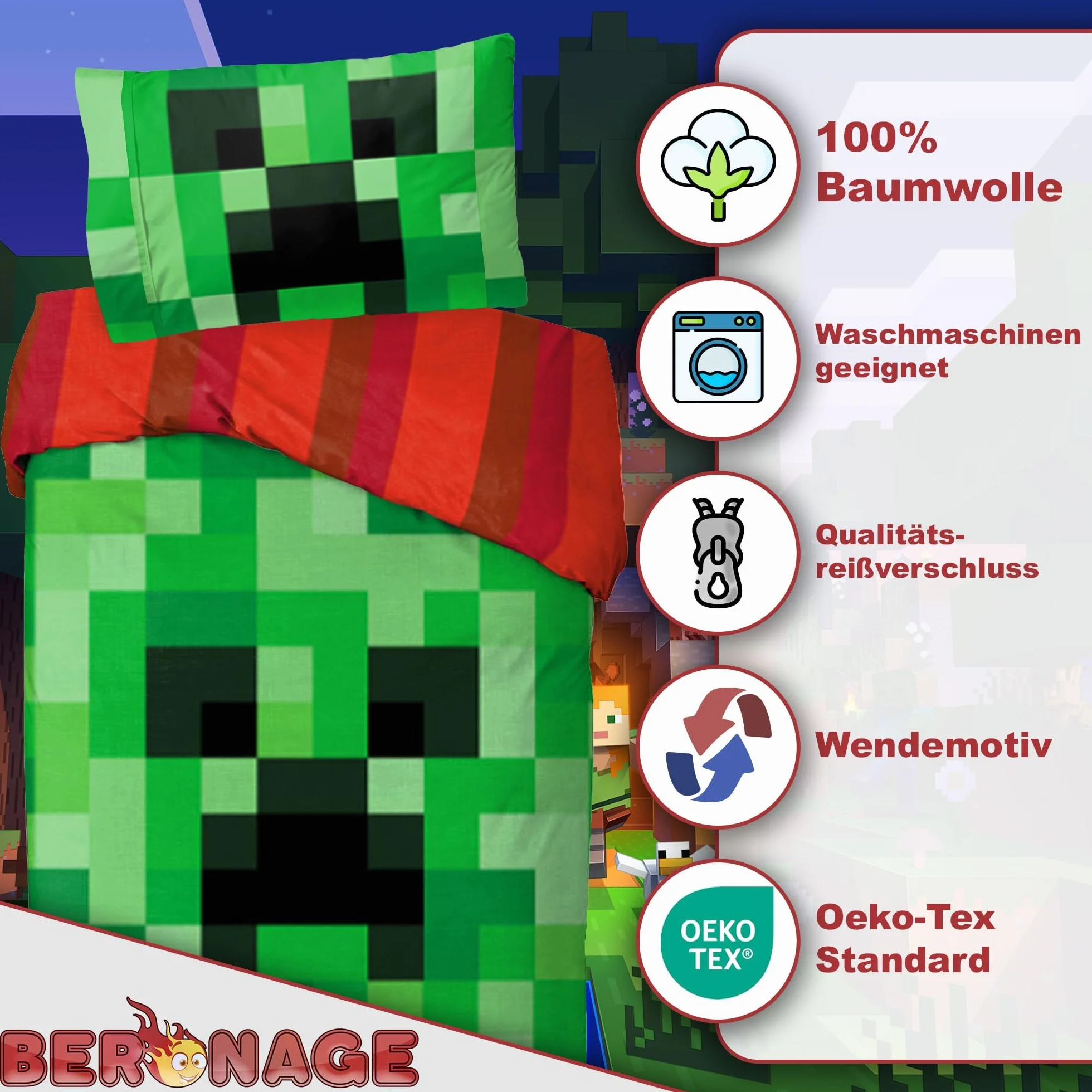 BERONAGE Dwustronna pościel z linii Minecraft Creeper TNT; 135 x 200 cm + 80 x 80 cm; 100% bawełna; jakość Renforcé; linon; pościel dla dzieci; motywy Crafting, Zombie, Enderman, Enderdrache, Szkielet