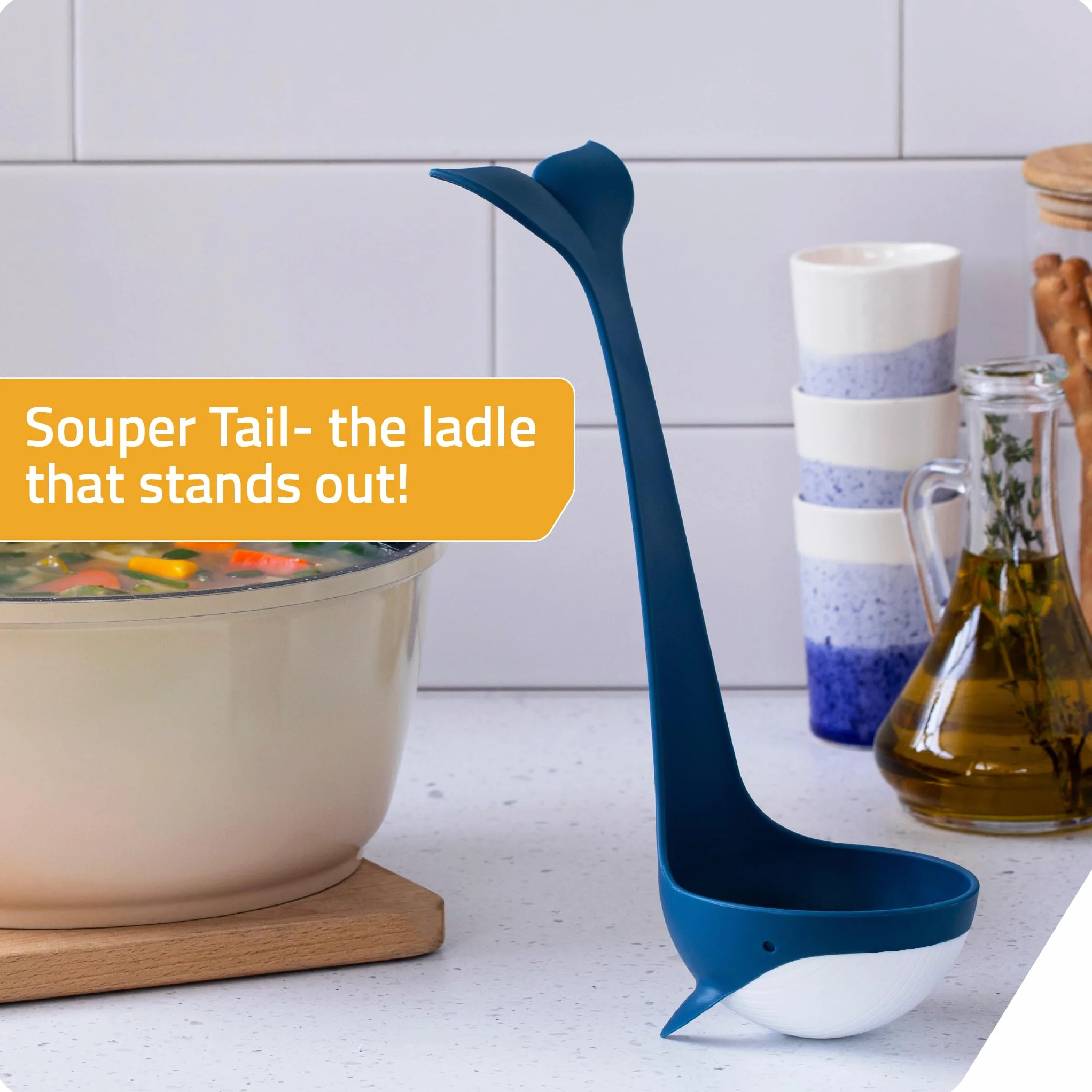 PELEG DESIGN Chochla Souper Tail Blue + White, tworzywo sztuczne, chochle kuchenne, 1 sztuka, nadaje się do mycia w zmywarce