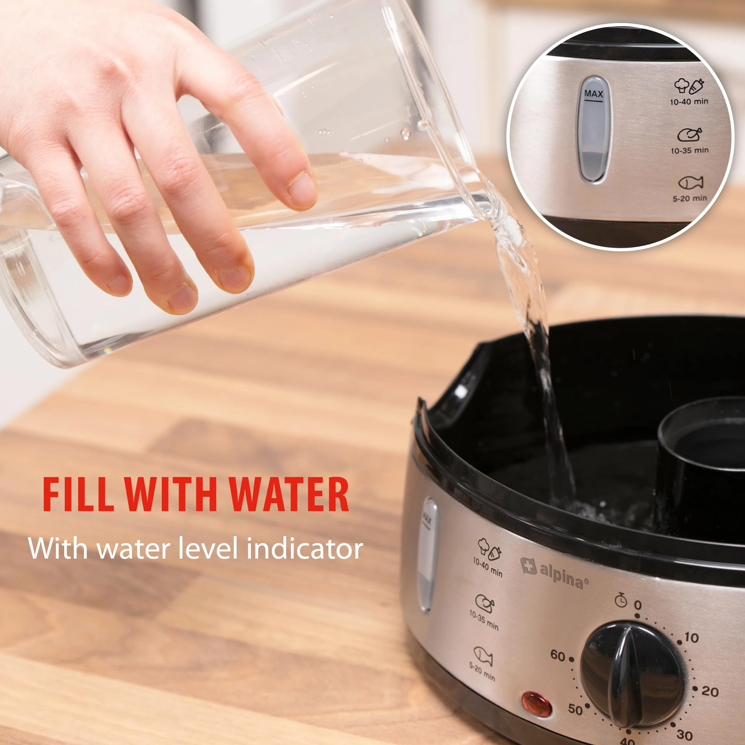 alpina Parowar - 230V/800W - 3-warstwowy parowar - Wolny od BPA - Odporny na zmywarkę - 0 do 60 minut - Pojemność 9 litrów - Szary