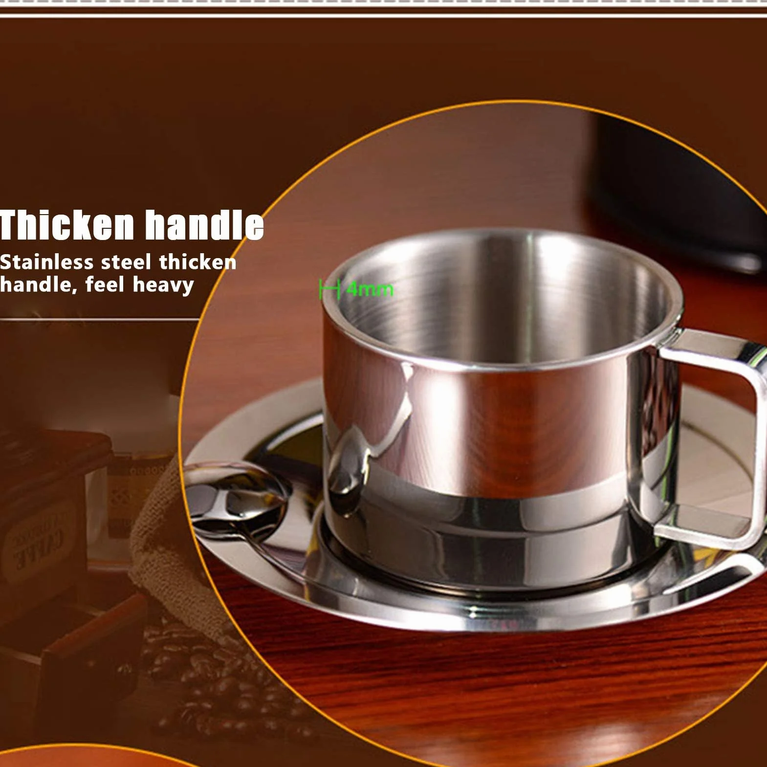 Zestaw 4 filiżanek do kawy ze stali nierdzewnej, 200 ml, podwójne ścianki, metalowe, do espresso, filiżanki termiczne z łyżeczką i spodkiem, do kawy, latte, herbaty, mleka