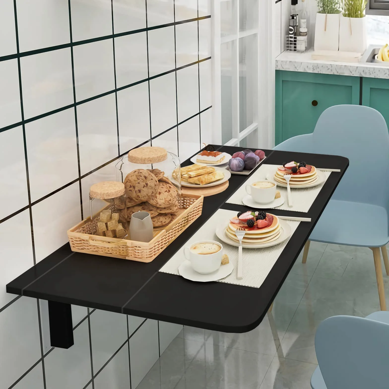 COSTWAY Składany Stół Ścienny 80 cm x 60 cm, Z Nóg Z Drewna Sosnowego, Oszczędzający Miejsce Do Kuchni, Sypialni, Jadalni, Gabinetu