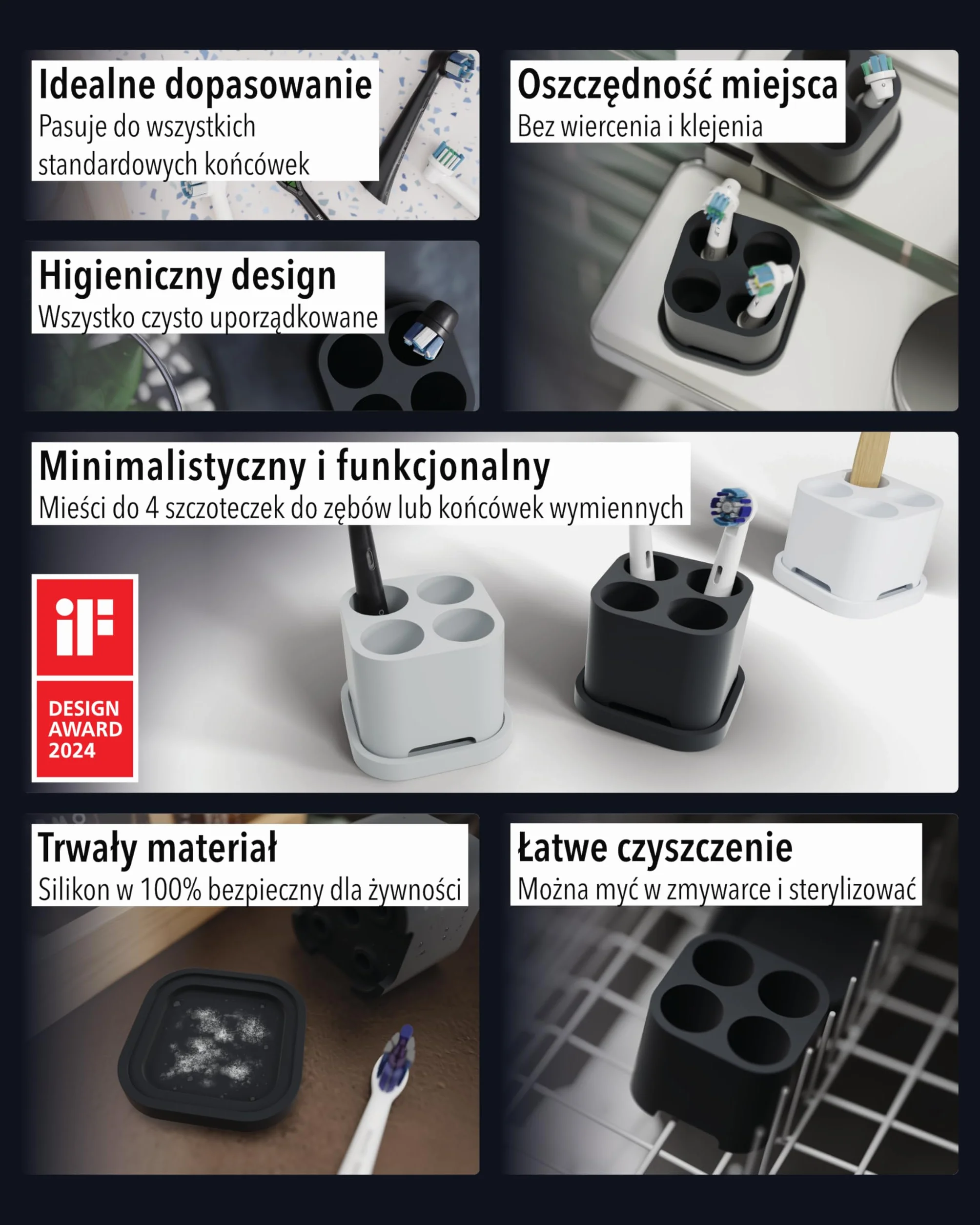 Uchwyt na 4 końcówki i szczoteczki do zębów Silikon spożywczy Czarny Kompatybilny z Oral-B iO Philips Sonicare Waterpik Fairywill