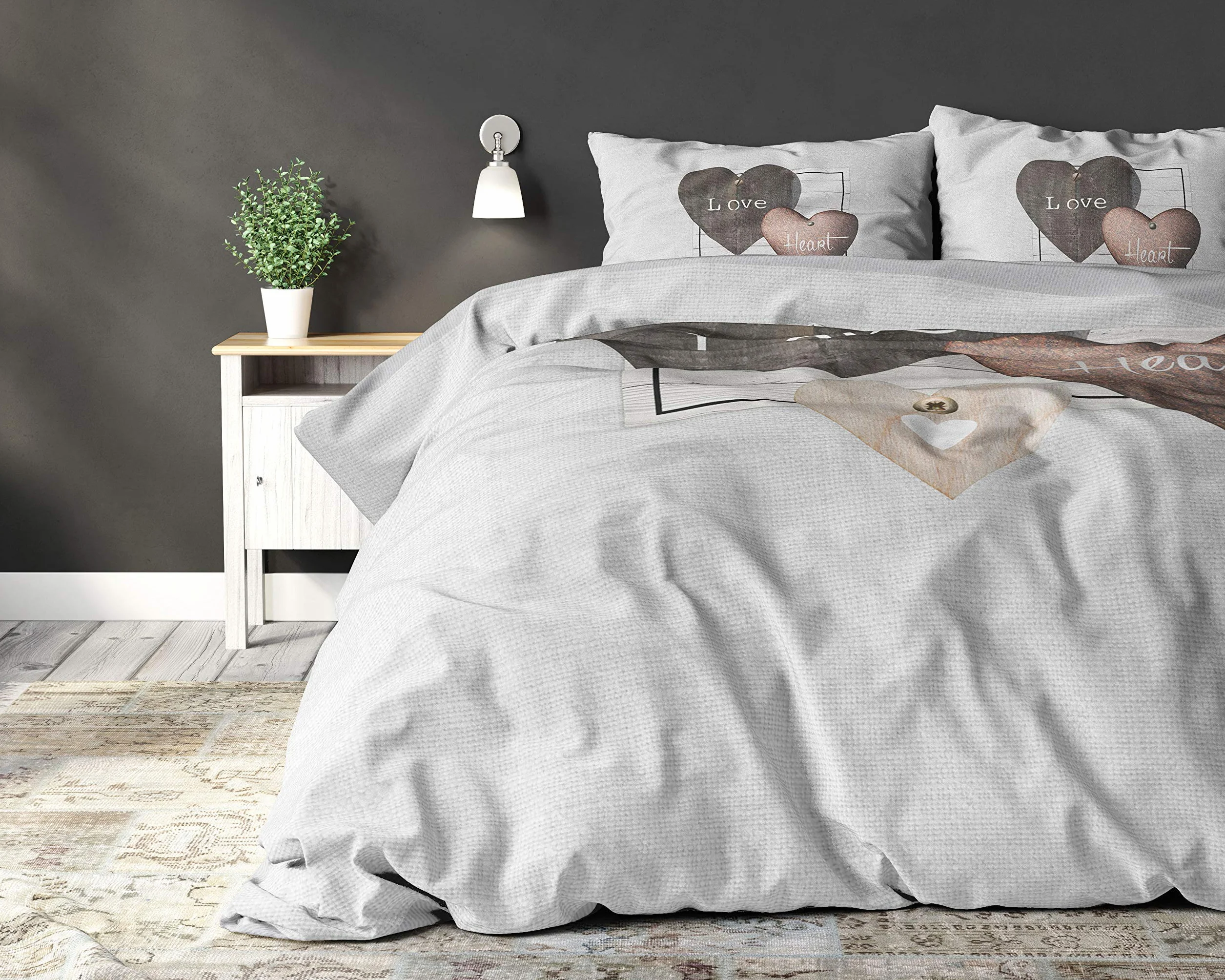 SLEEP TIME Poszewka na kołdrę 100% Bawełna Miłość Serca, 200 x 220cm, 60 x 70cm, szara