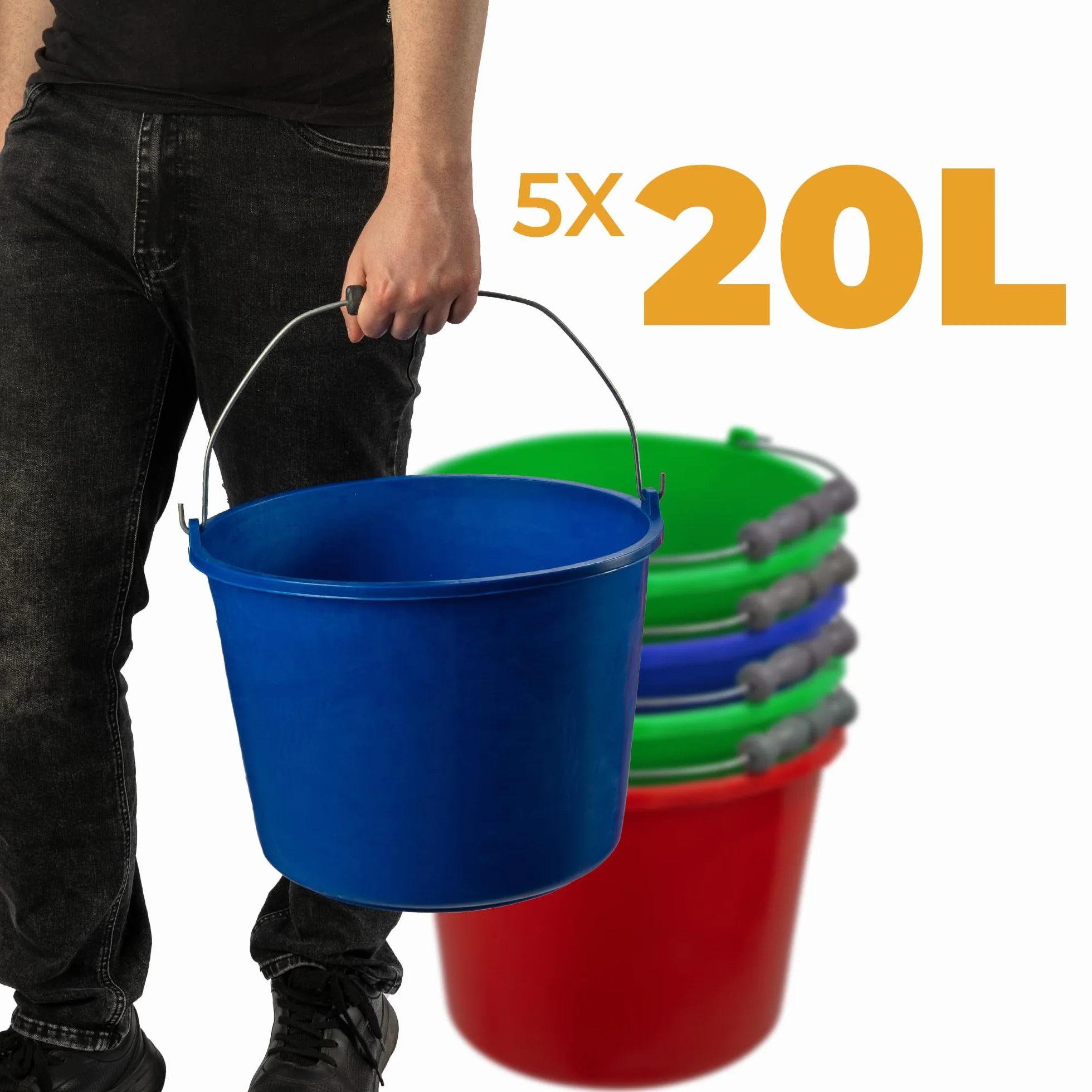 WIADRO BUDOWLANE GOSPODARCZE KOLOROWE 20L WIADERKO WIADRA 5 SZT Okrągłe Wiadro Mocne Plastikowe Wiaderko na Budowę, do Domu, Ogrodu Pojemnik z Metalową Rączką