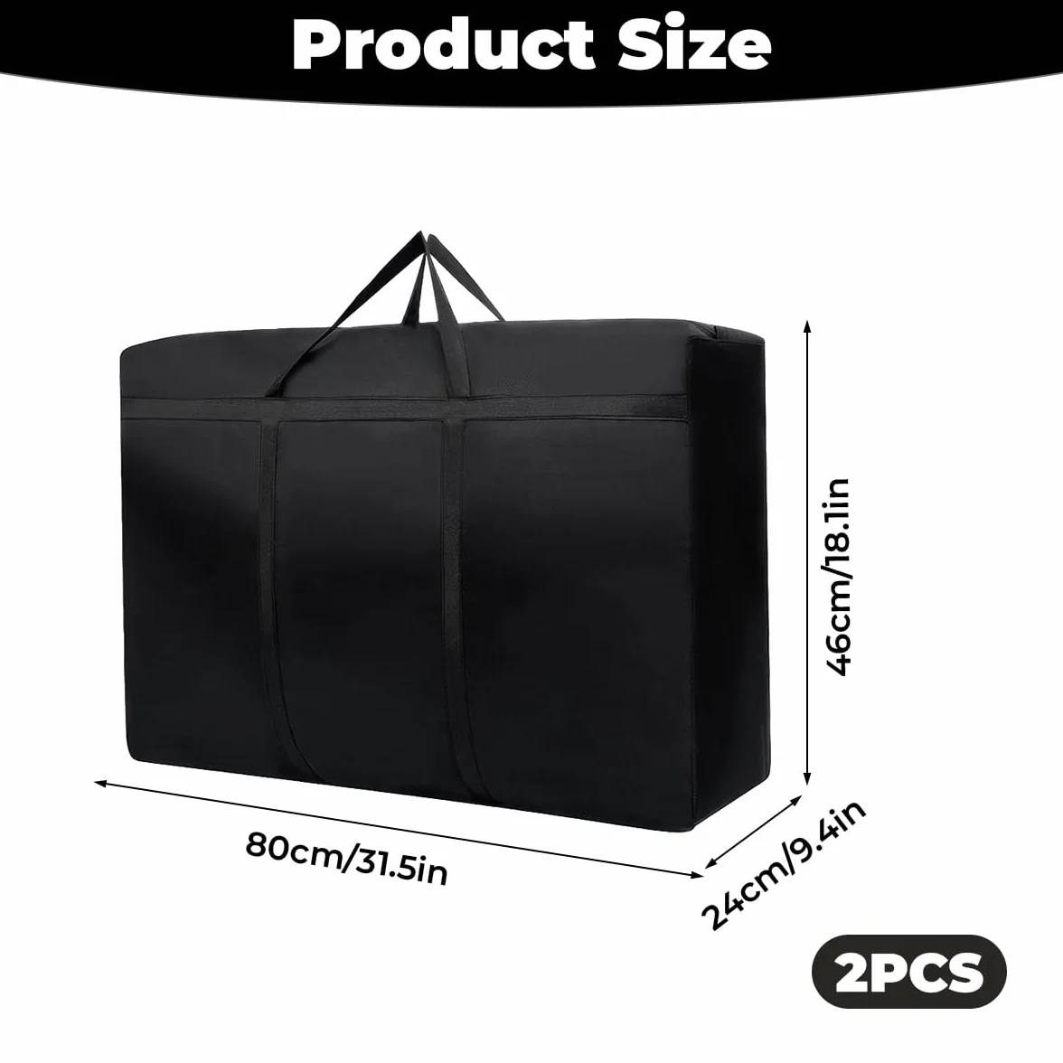 2 duże torby do przechowywania, 80 x 46 x 24 cm, Oxford Heavy-Duty, z zamkiem błyskawicznym, wodoszczelne torby do noszenia, na poduszki, ubrania, pościel, do przeprowadzki (czarne)