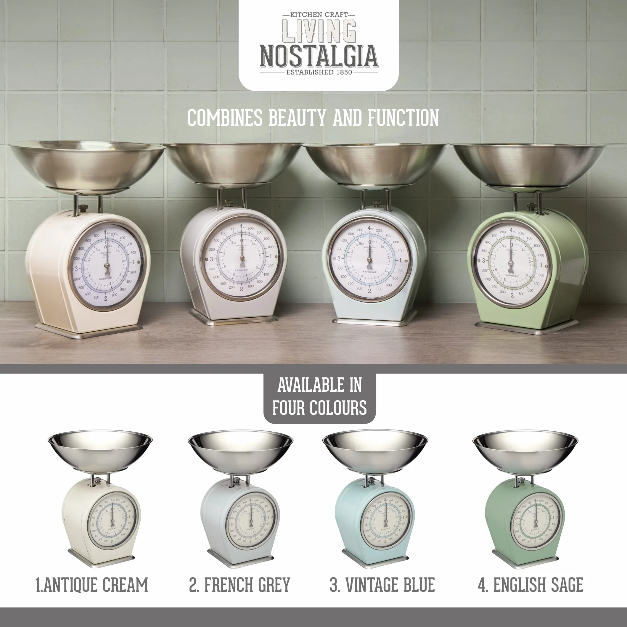 KitchenCraft Living Nostalgia, Mechaniczna Waga Kuchenna, Udźwig: 4 kg, ‎30 × 18 × 18 cm - Kolor Kremowy