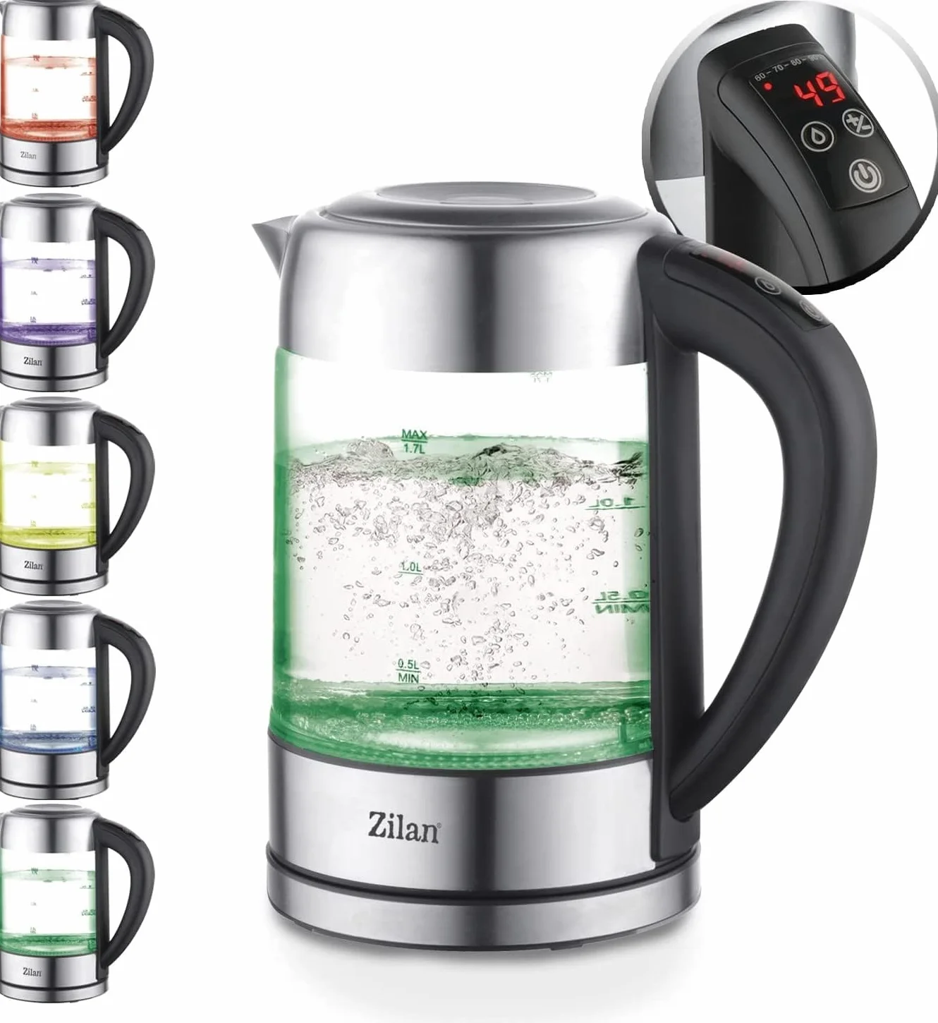 Czajnik szklany LED 1,7L 2200W bezprzewodowy 360°