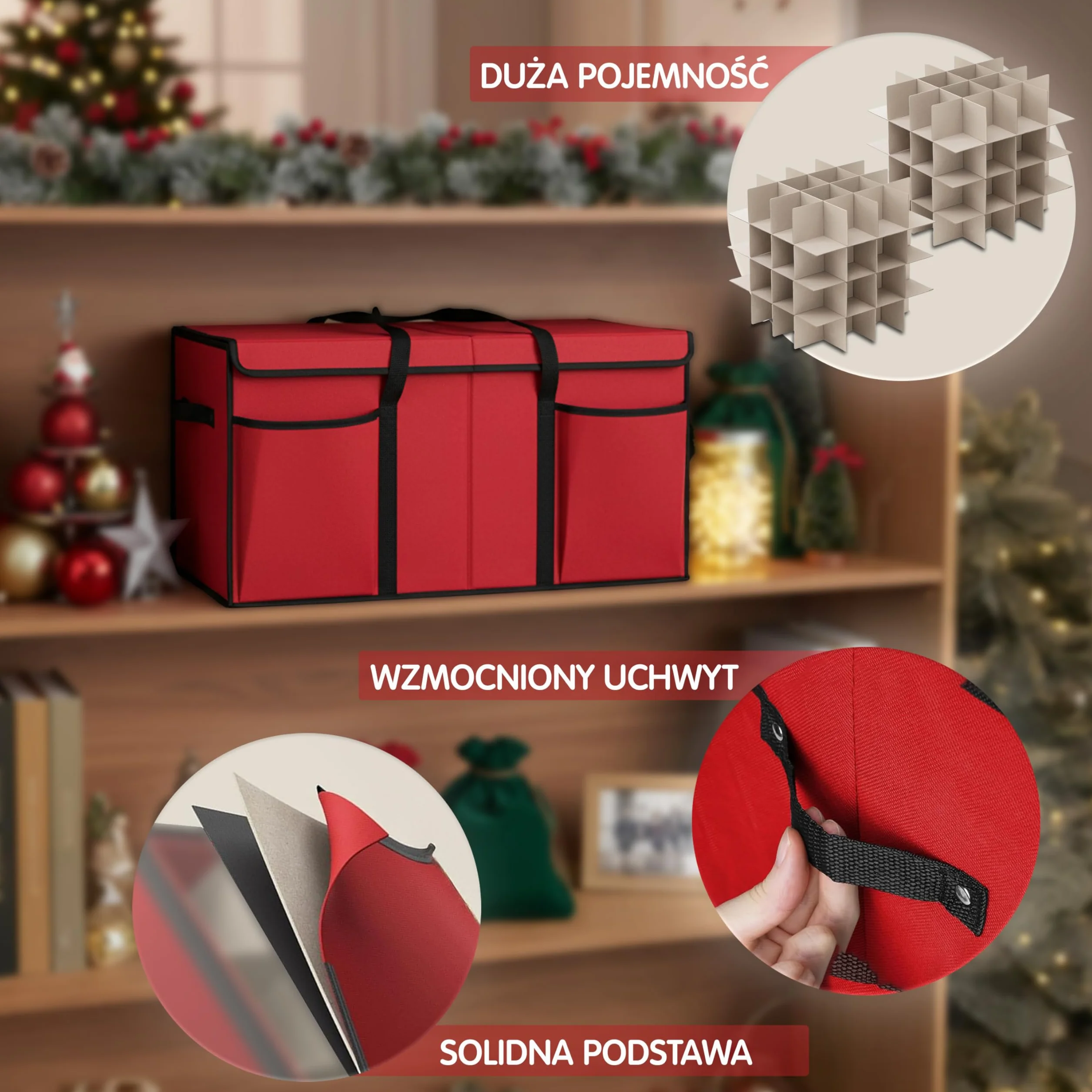 Pudełko na ozdoby świąteczne z przegrodami i kieszeniami - Mieści 128 bombek - Wytrzymała czerwona tkanina z uchwytami - Składane - Organizer na święta - od Mobi Lock