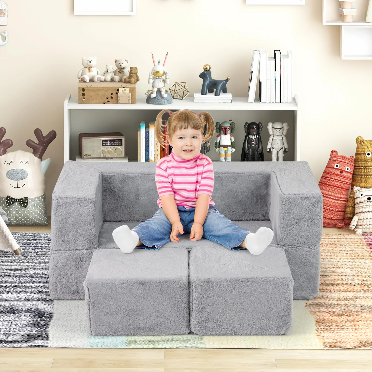 COSTWAY Modułowa sofa dziecięca, sofa do zabawy z pianki ze zdejmowanym pluszowym pokrowcem, rozkładana sofa modułowa dla chłopców i dziewczynek, fotel dziecięcy do pokoju zabaw, sypialni, pokoju