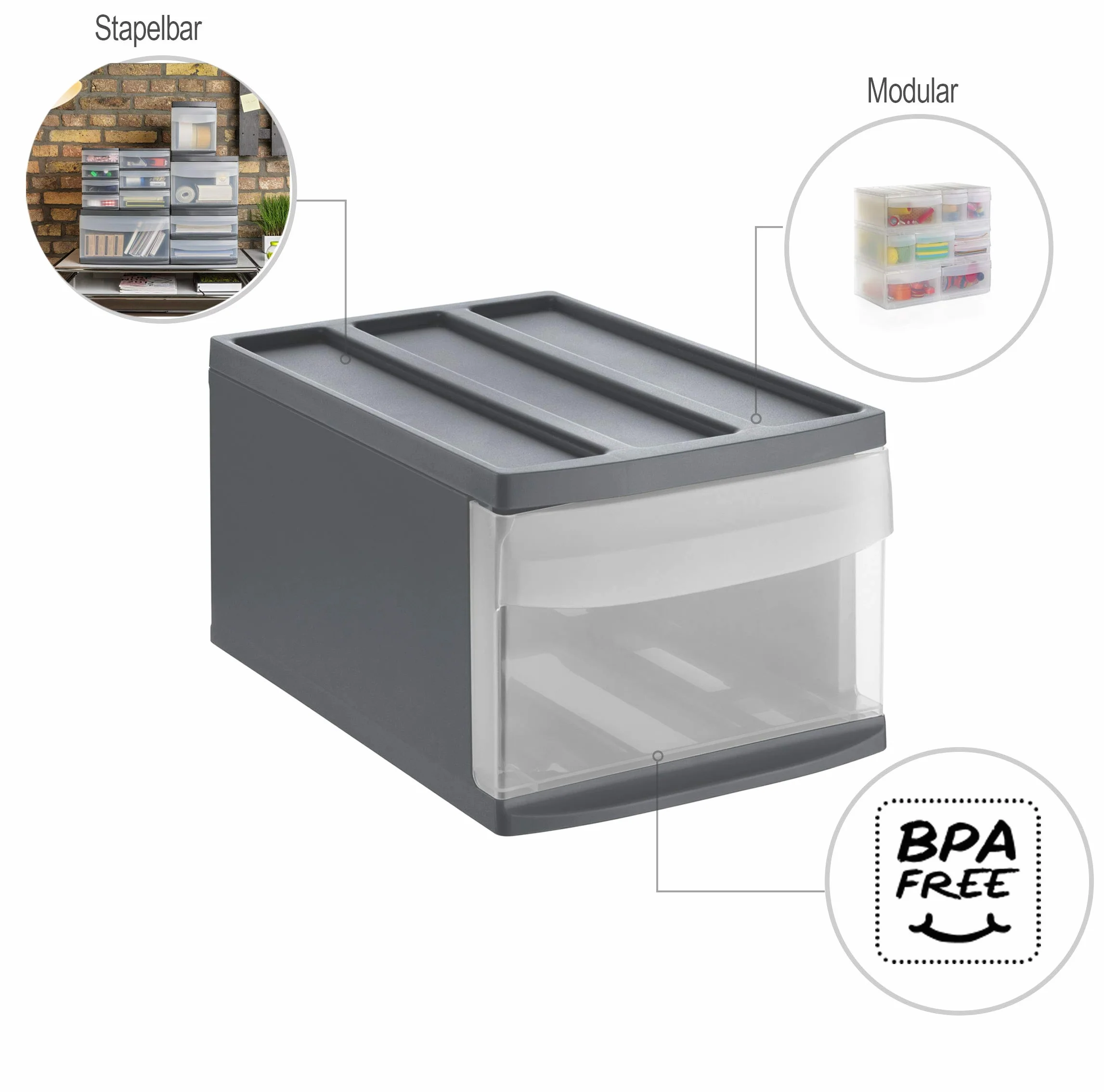 Rotho Systemix Pudełko z szufladami, z 1 szufladą, tworzywo sztuczne (PP), nie zawiera BPA, antracytowa/przezroczysta, M (39,5 x 25,5 x 20,3 cm)
