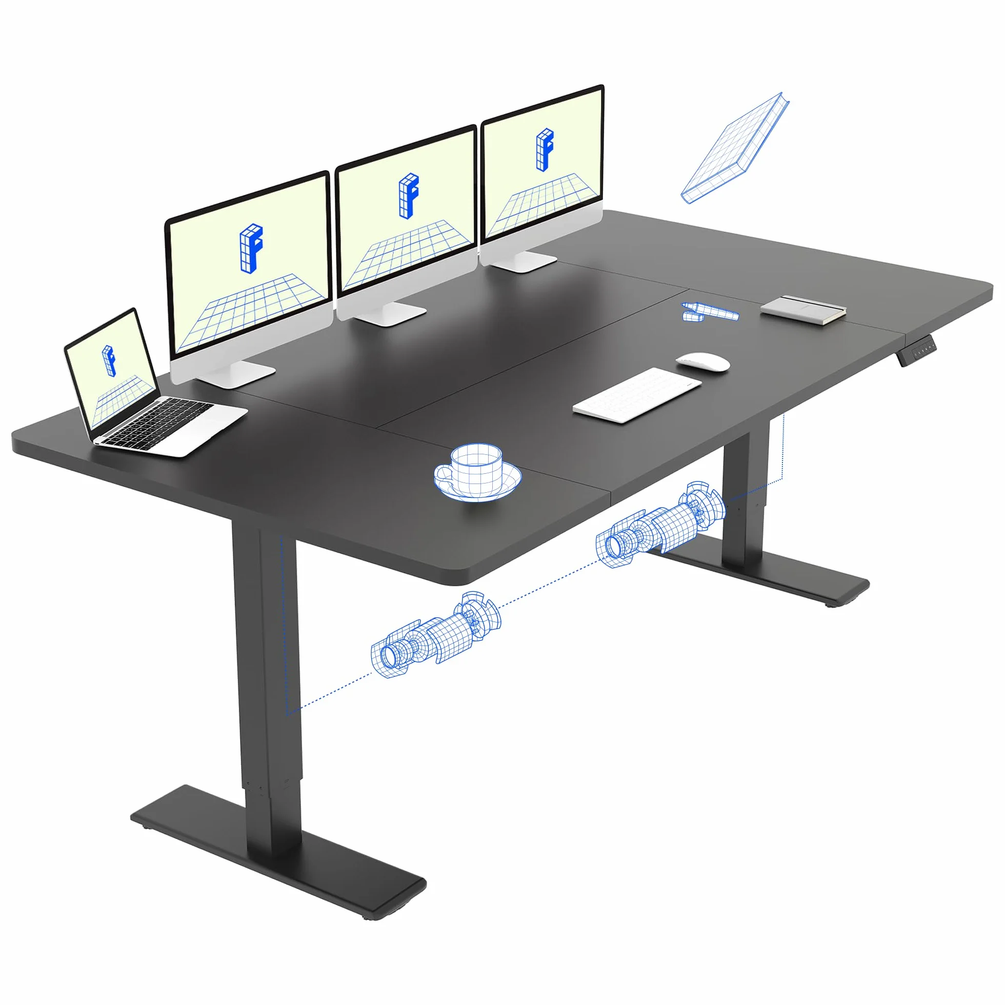 FLEXISPOT QB2 Elektryczne biurko regulowane 2 silniki 200 x 80 cm z regulacją wysokości, siedząco-stojące, z panelem smart 4 pamięci i systemem antykolizyjnym (Czarny + Czarny, 200 x 80 cm)