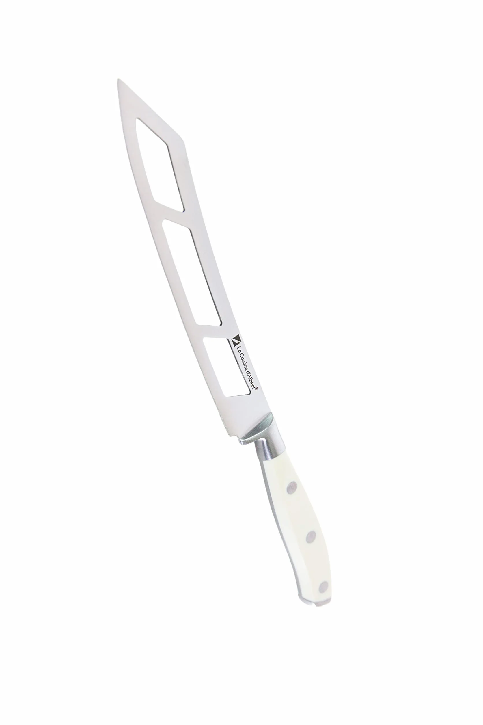 Albert de Thiers - L'IRRESISTIBLE - Nóż do sera 15,2 cm - Ażurowe ostrze ze stali nierdzewnej - 3 nity rękojeści ABS - Ochrona PVC - Na karcie 80 x 280 mm