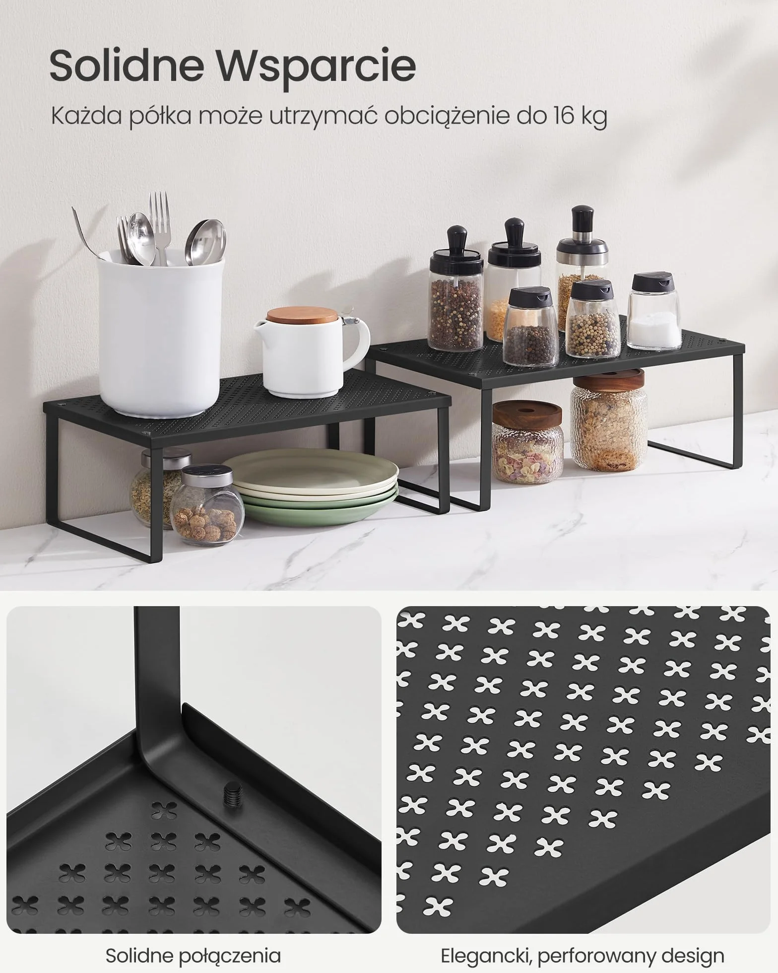 SONGMICS Półka na przyprawy, zestaw 2 szt., półka kuchenna, organizer kuchenny, kuchnia, uchwyt na przyprawy, rozkładany, składany, mała półka, metal, atramentowy czarny KCS401B01