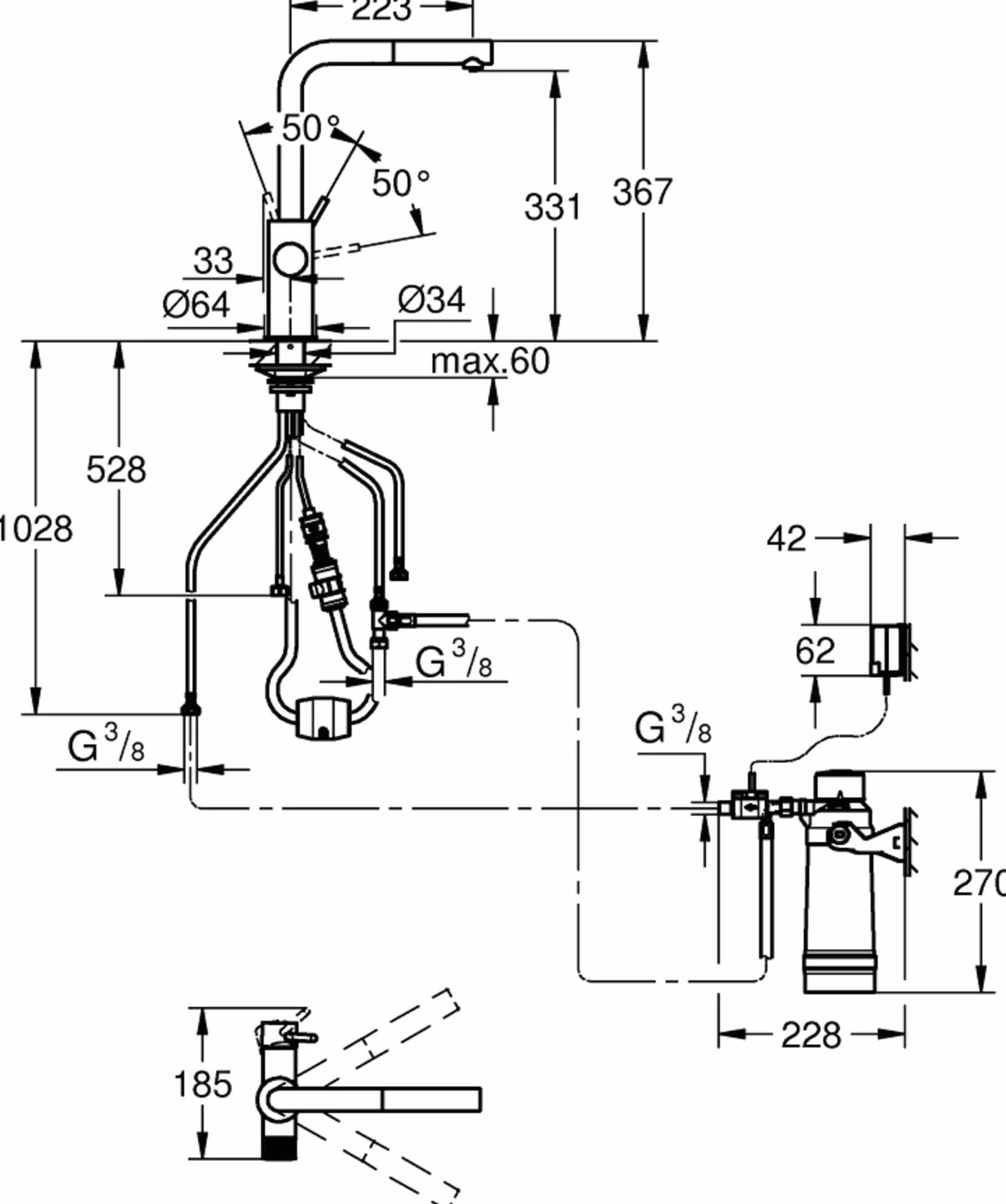 Grohe Blue Pure Minta, bateria do zlewu kuchennego, wyciągana, z 5-stopniowym filtrem, rozmiar S i liczniki, chrom