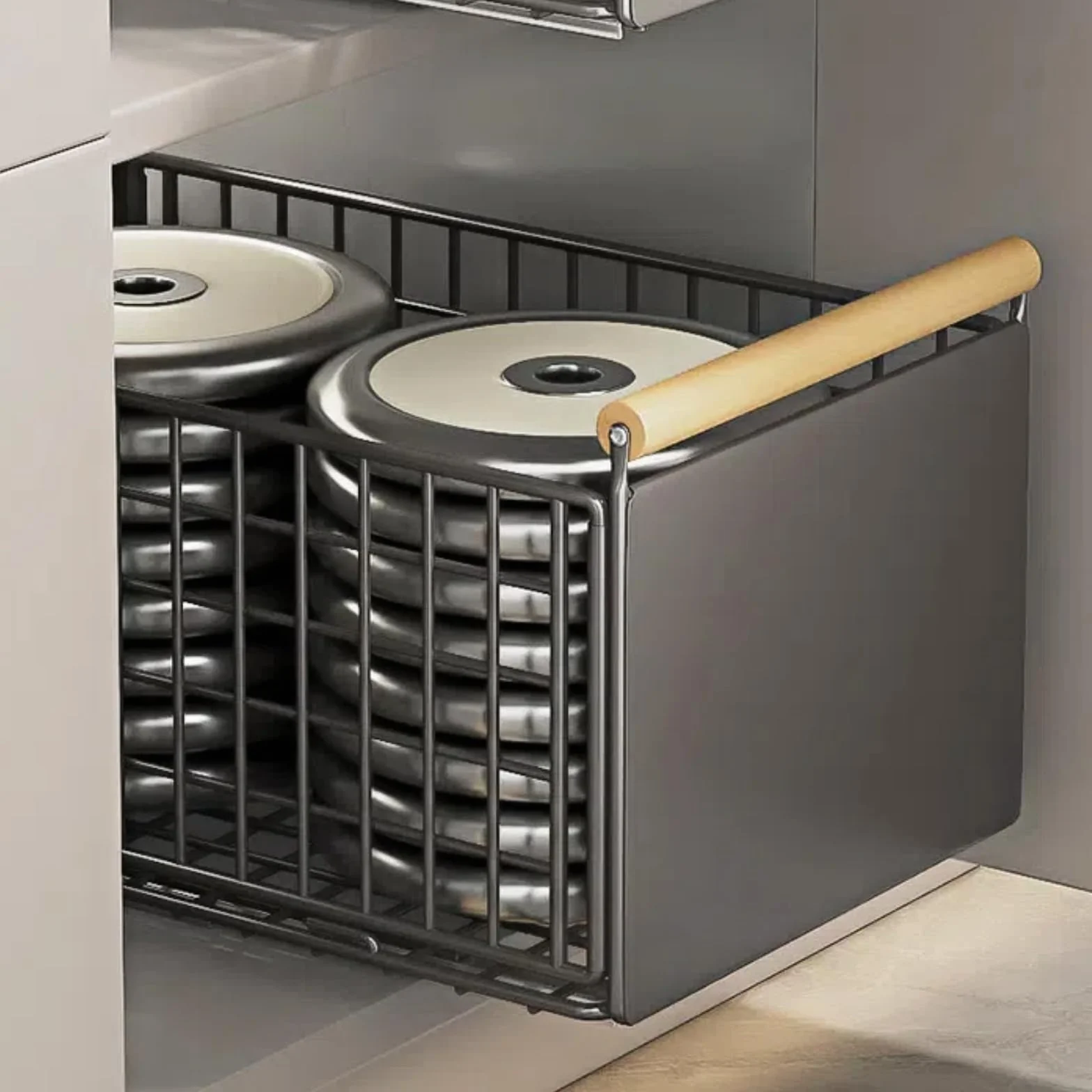 Metalowa Wysuwana Szuflada do Szafki Kuchennej 39,5×23,5×19,5 cm – Organizer z Prowadnicami i Drewnianym Uchwytom Montaż Bez Wiercenia Idealna do Kuchni i Łazienki