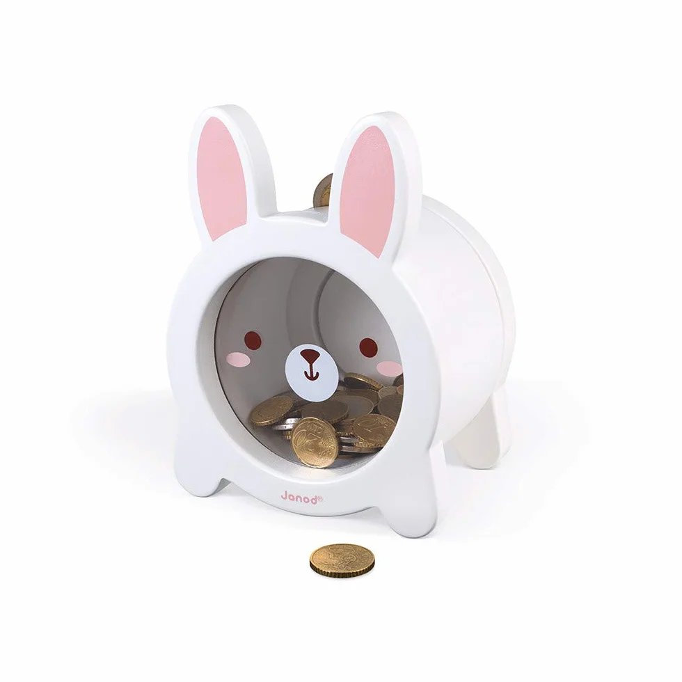 Janod - Rabbit Wooden Children’s Money Box 5.9 inch - See-Through Side and Magnetic Opening - Children's Room Decoration - Suitable for Ages 3 and Up, J04654