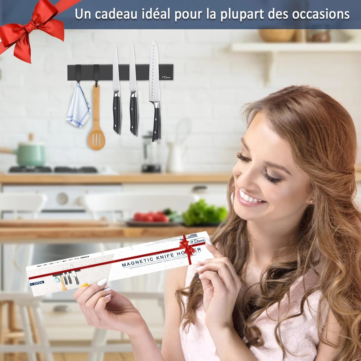 Dmore Listwa magnetyczna 30 cm z 2 haczykami, czarny uchwyt na noże, magnetyczny bez wiercenia, mocny magnetyczny uchwyt na noże, łącznie z taśmą klejącą i śrubami do noży, przyborów i narzędzi