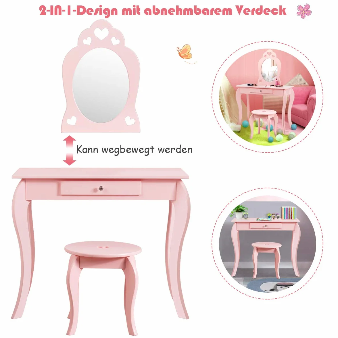 COSTWAY Toaletka dziecięca z taboretem i zdejmowanym lustrem, dla dziewcząt, stół z szufladą, stół z lustrem, 70 x 34 x 105 cm (różowa)