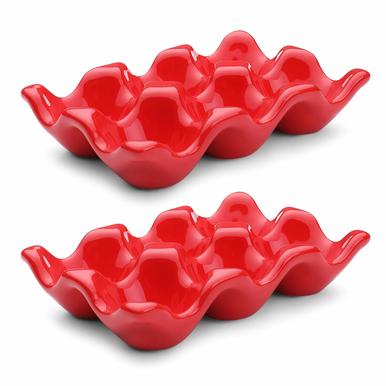 Flexzion Ceramiczna skorupka na jajka 6 pojemności na pół tuzina pojemników czerwona miska do serwowania organizer do przechowywania 2 sztuki