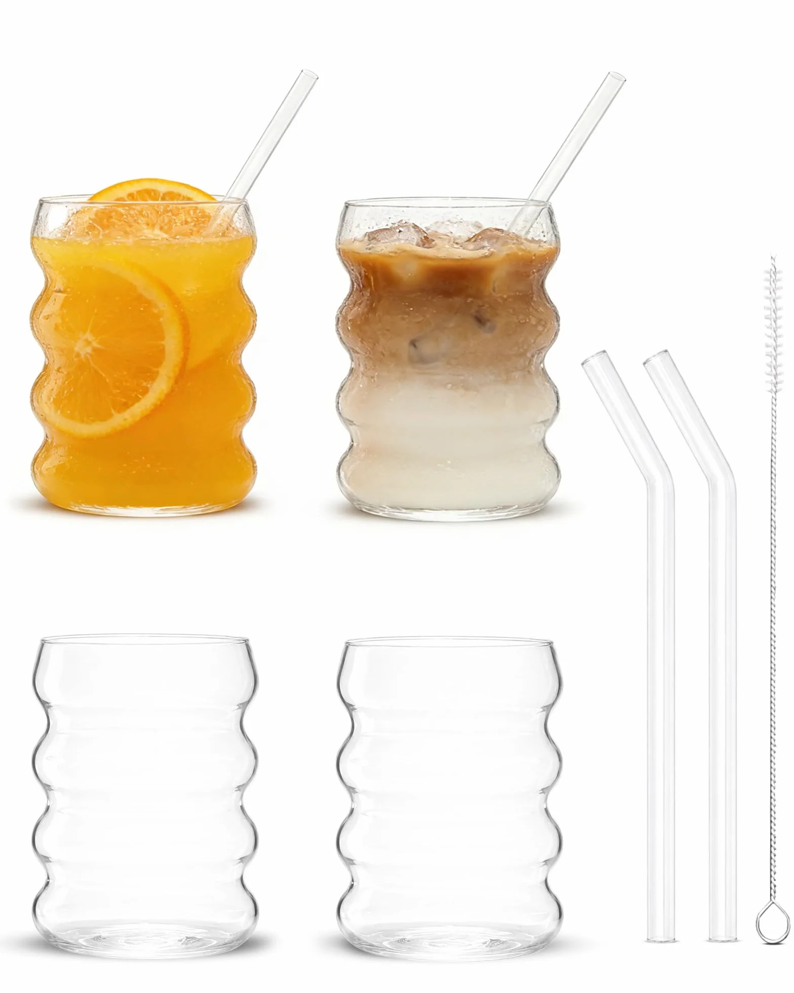 Zestaw 4 szklanek 350 ml z falistym wzorem i szklanymi słomkami – Bubble Glassy do koktajli, kawy mrożonej, wody i napojów gazowanych, z dołączoną szczotką