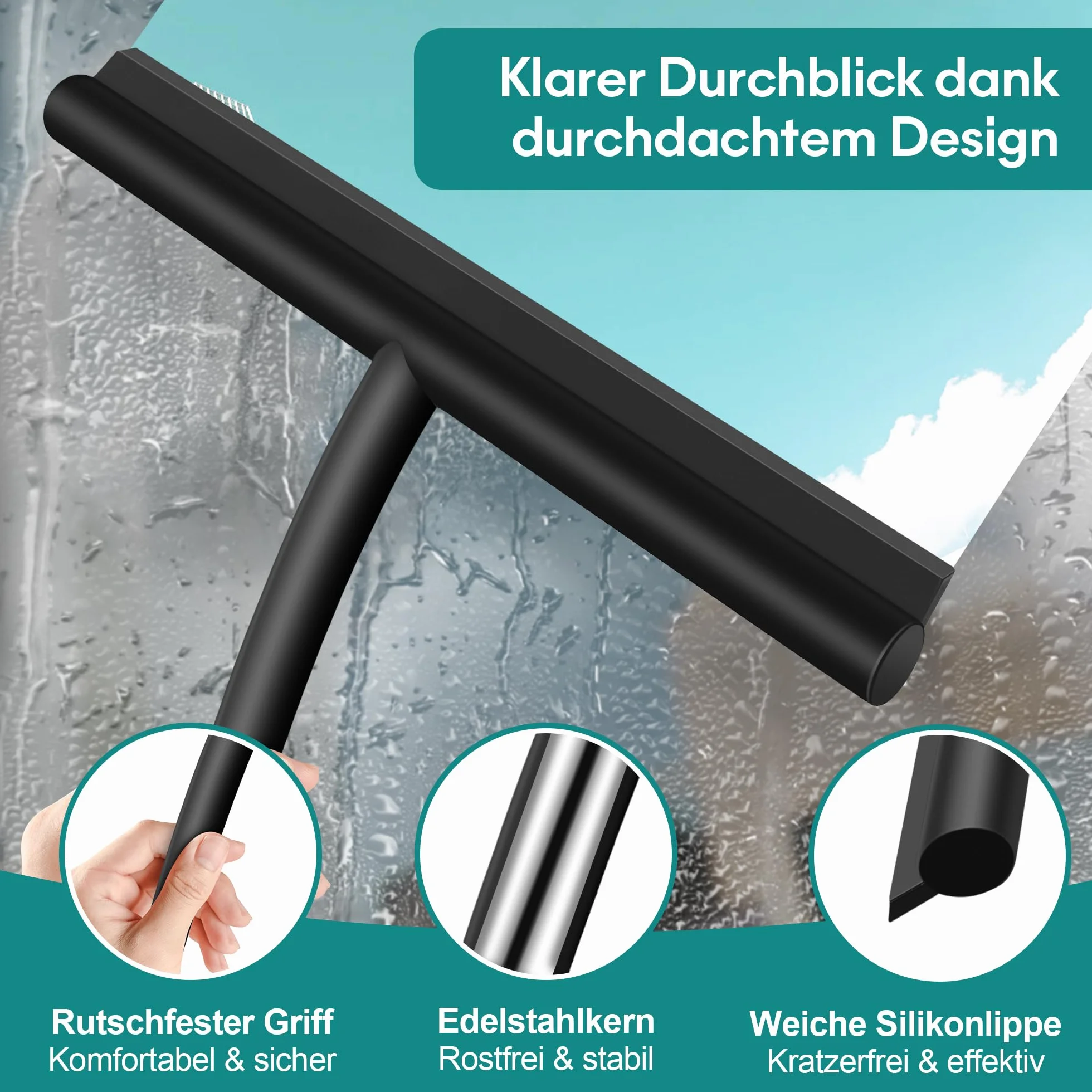 Shower Squeegee ściągaczka prysznicowa, 28 cm, silikonowa, szeroka, czarna – ściągaczka do prysznica i łazienki z uchwytem, bez wiercenia, ściągacz do okien z przyssawką i hakiem