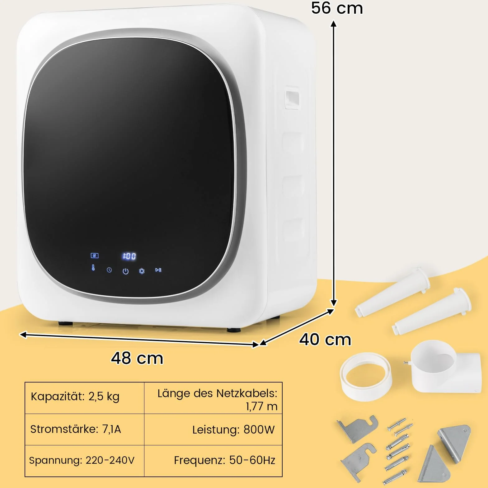 GOPLUS Suszarka do prania, mini suszarka na pranie 800 W, 5 kg, z ekranem dotykowym LED, timer, ochrona przed przegrzaniem i wielokrotną filtracją, do 65°C, wolnostojąca lub do montażu na ścianie